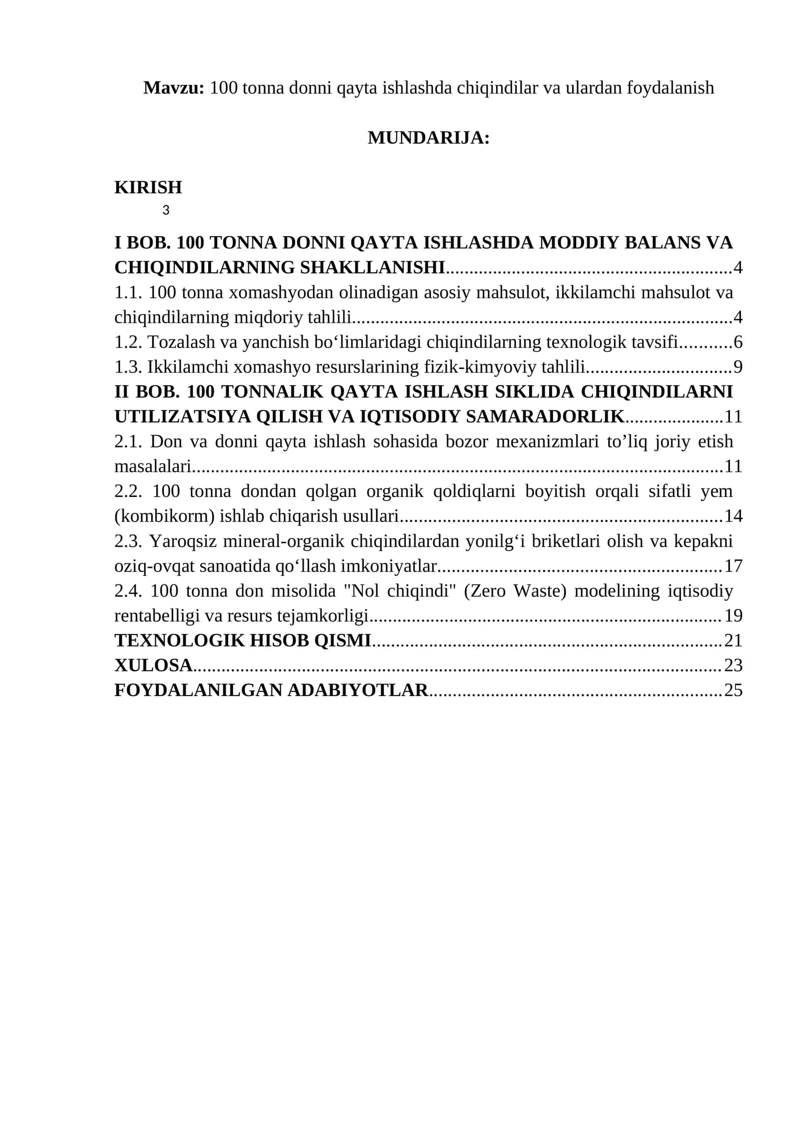 100 tonna donni qayta ishlashda chiqindilar va ulardan foydalanish