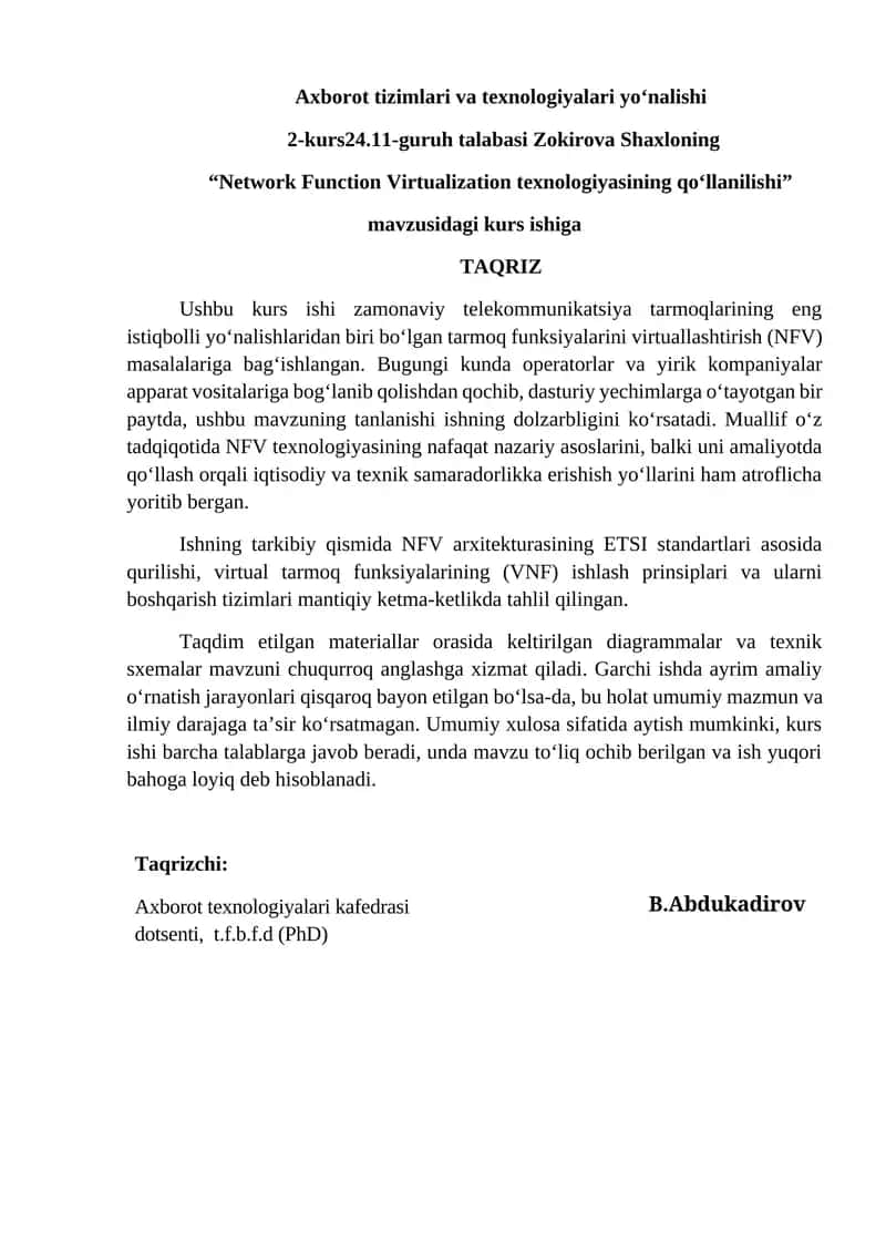 Network Function Virtualization texnologiyasining qo‘llanilishi