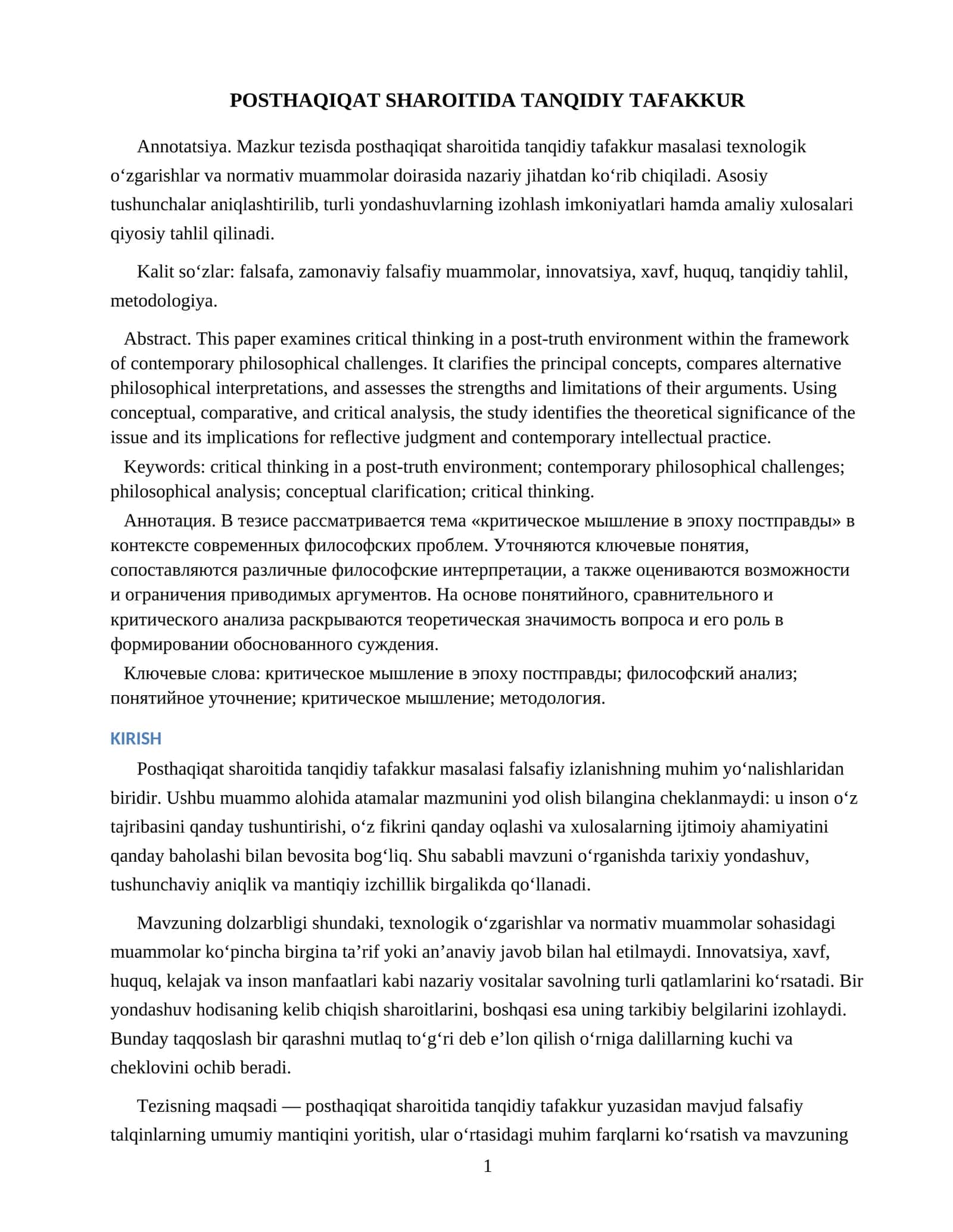 POSTHAQIQAT SHAROITIDA TANQIDIY TAFAKKUR