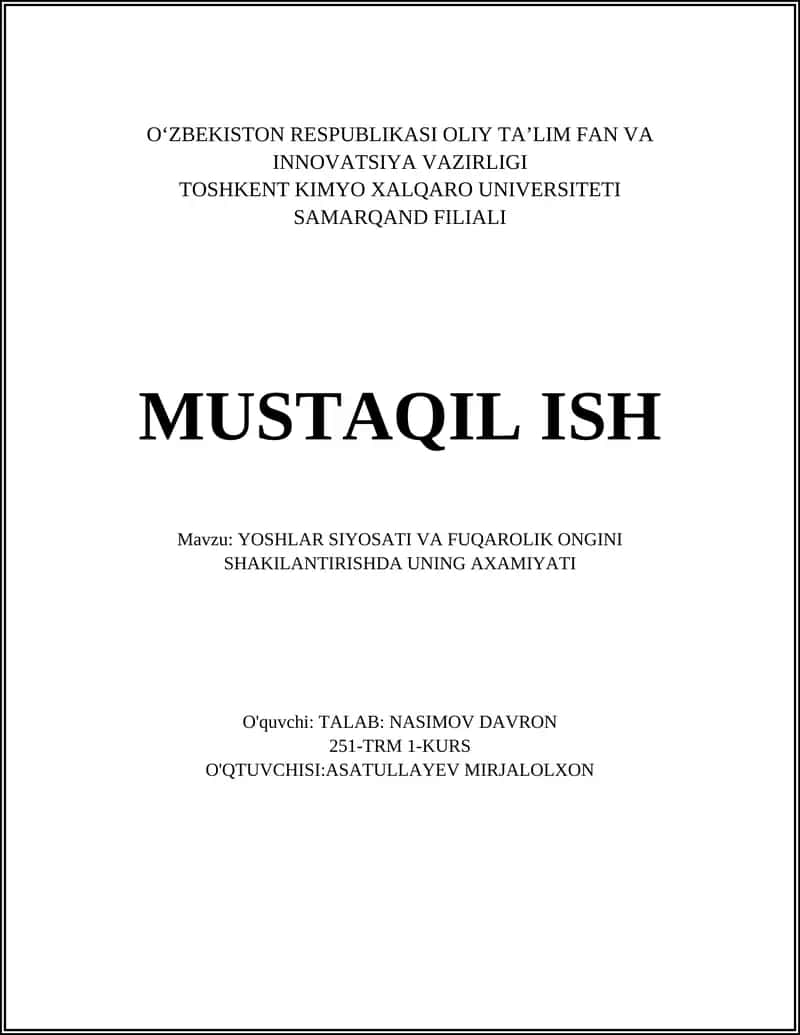 YOSHLAR SIYOSATI VA FUQAROLIK ONGINI SHAKILANTIRISHDA UNING AXAMIYATI