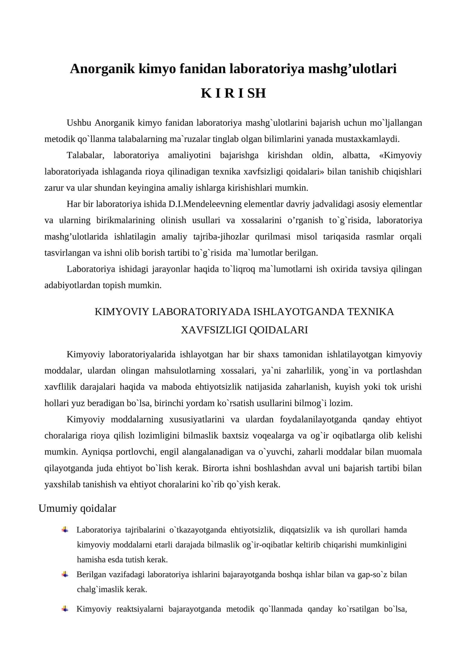 Anorganik kimyo fanidan laboratoriya mashg’ulotlari