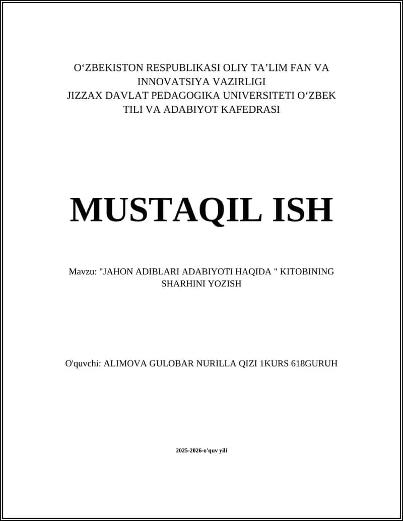 "JAHON ADIBLARI ADABIYOTI HAQIDA " KITOBINING SHARHINI YOZISH