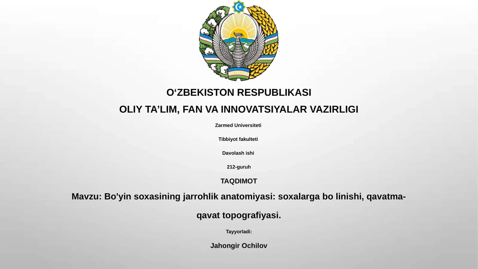 Bo'yin soxasining jarrohlik anatomiyasi: soxalarga bo linishi, qavatma-qavat topografiyasi