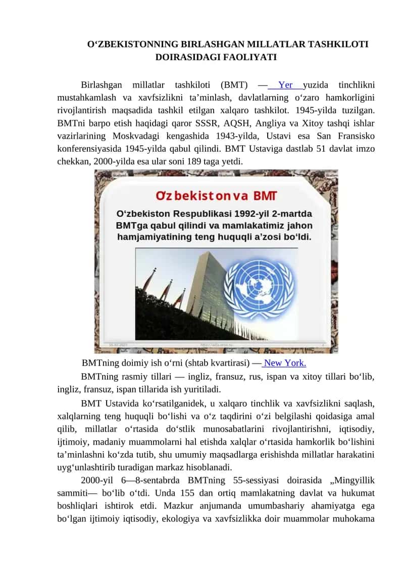Birlashgan Millatlar Tashkiloti Faoliyati