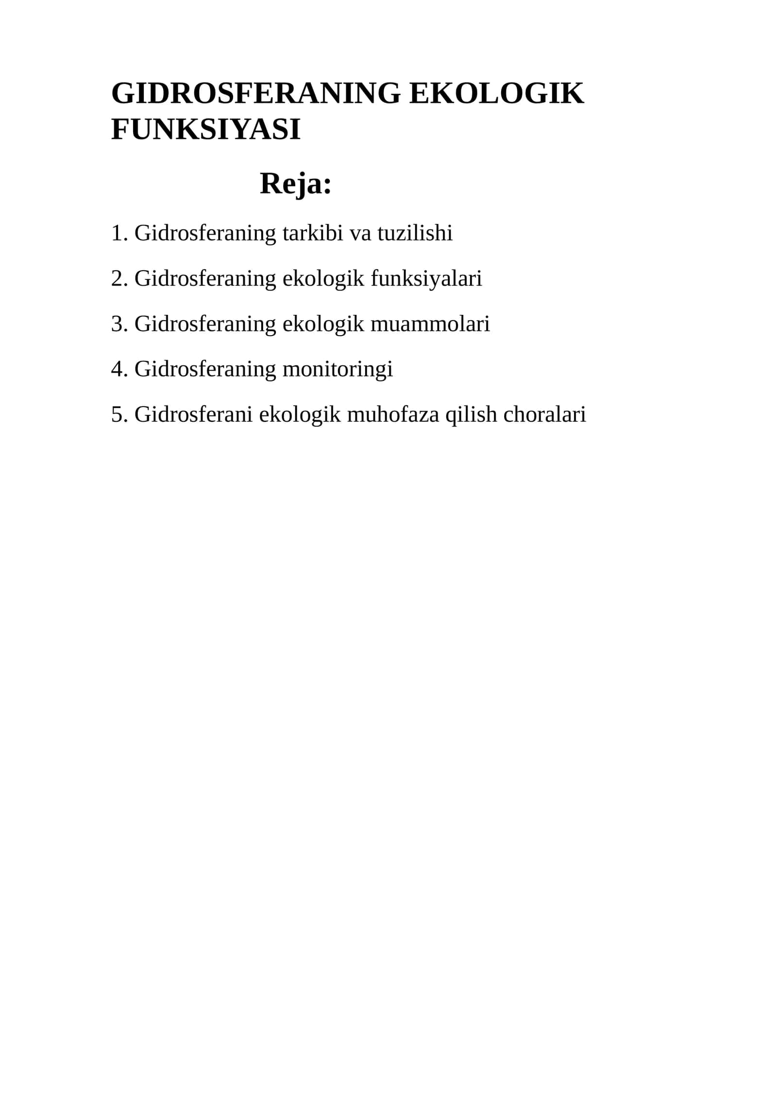 GIDROSFERANING EKOLOGIK FUNKSIYASI