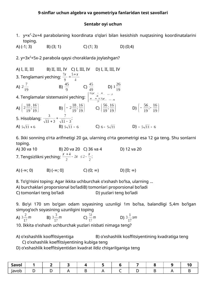 9-sinflar uchun algebra va geometriya fanlaridan test savollari (sentabrdan maygacha)