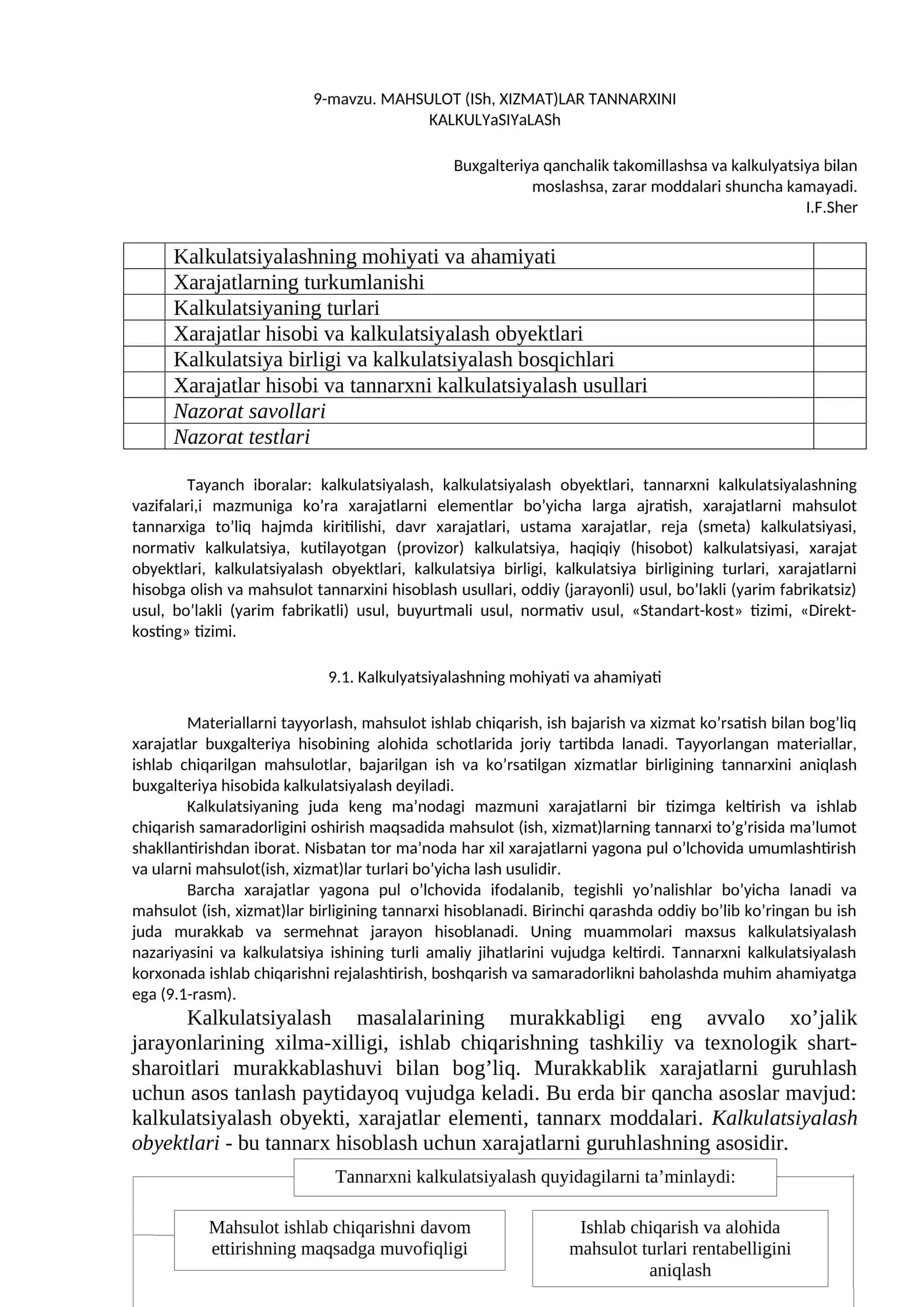 MAHSULOT (ISh, XIZMAT)LAR TANNARXINI KALKULYaSIYaLASh