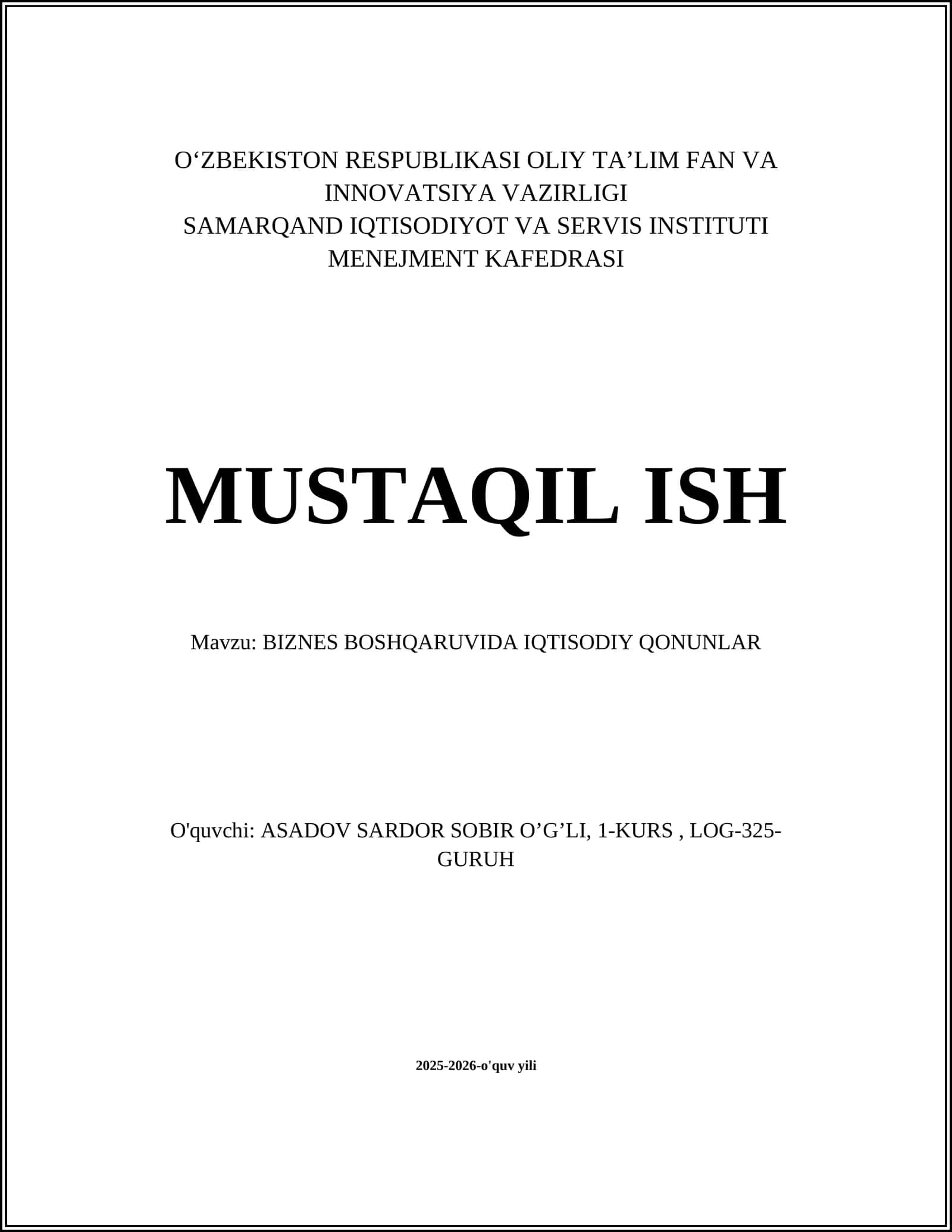 BIZNES BOSHQARUVIDA IQTISODIY QONUNLAR