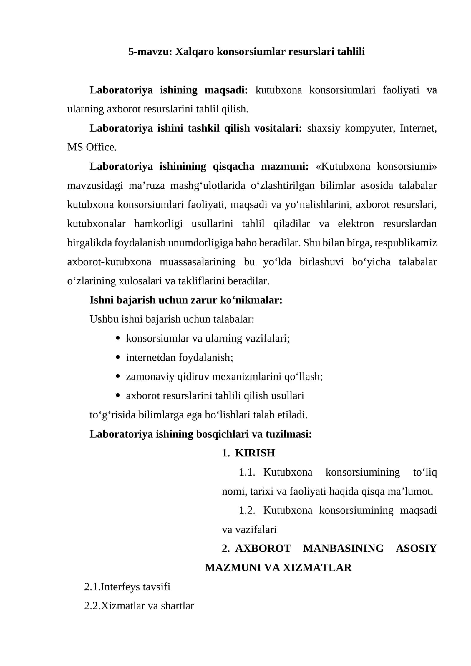 5-mavzu: Xalqaro konsorsiumlar resurslari tahlili
