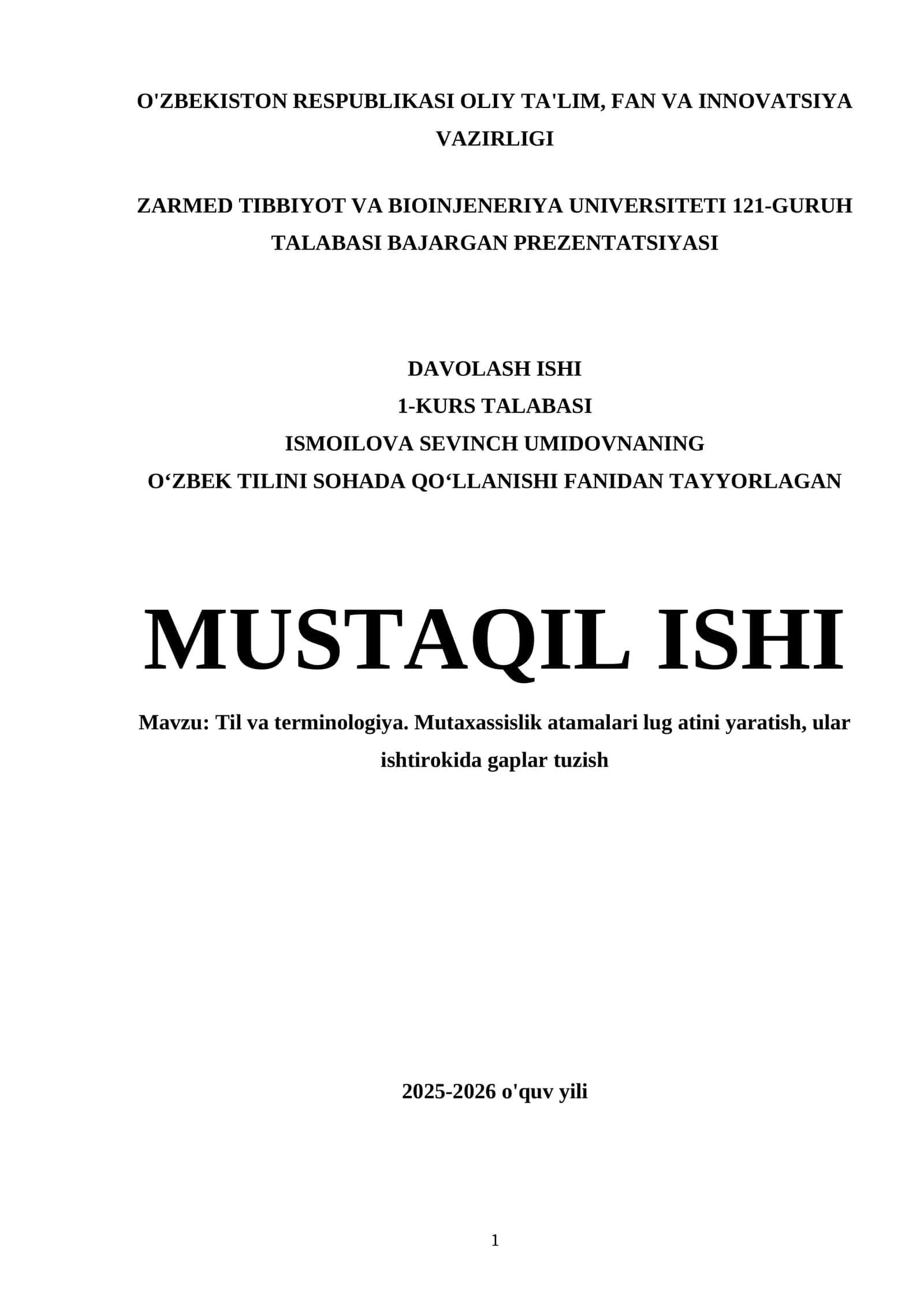 Mavzu: Til va terminologiya. Mutaxassislik atamalari lug atini yaratish, ular ishtirokida gaplar tuzish