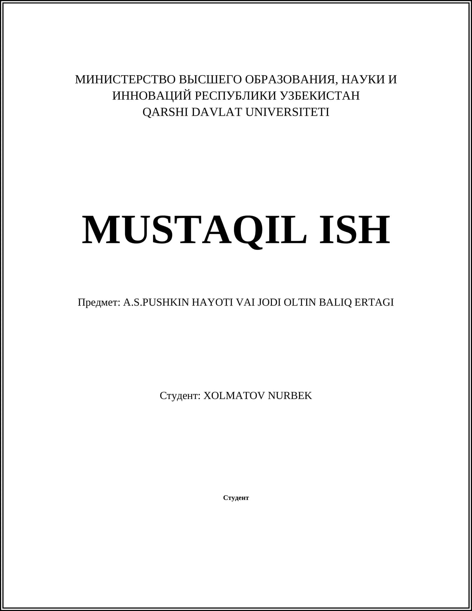 A.S.PUSHKIN HAYOTI VAI JODI OLTIN BALIQ ERTAGI