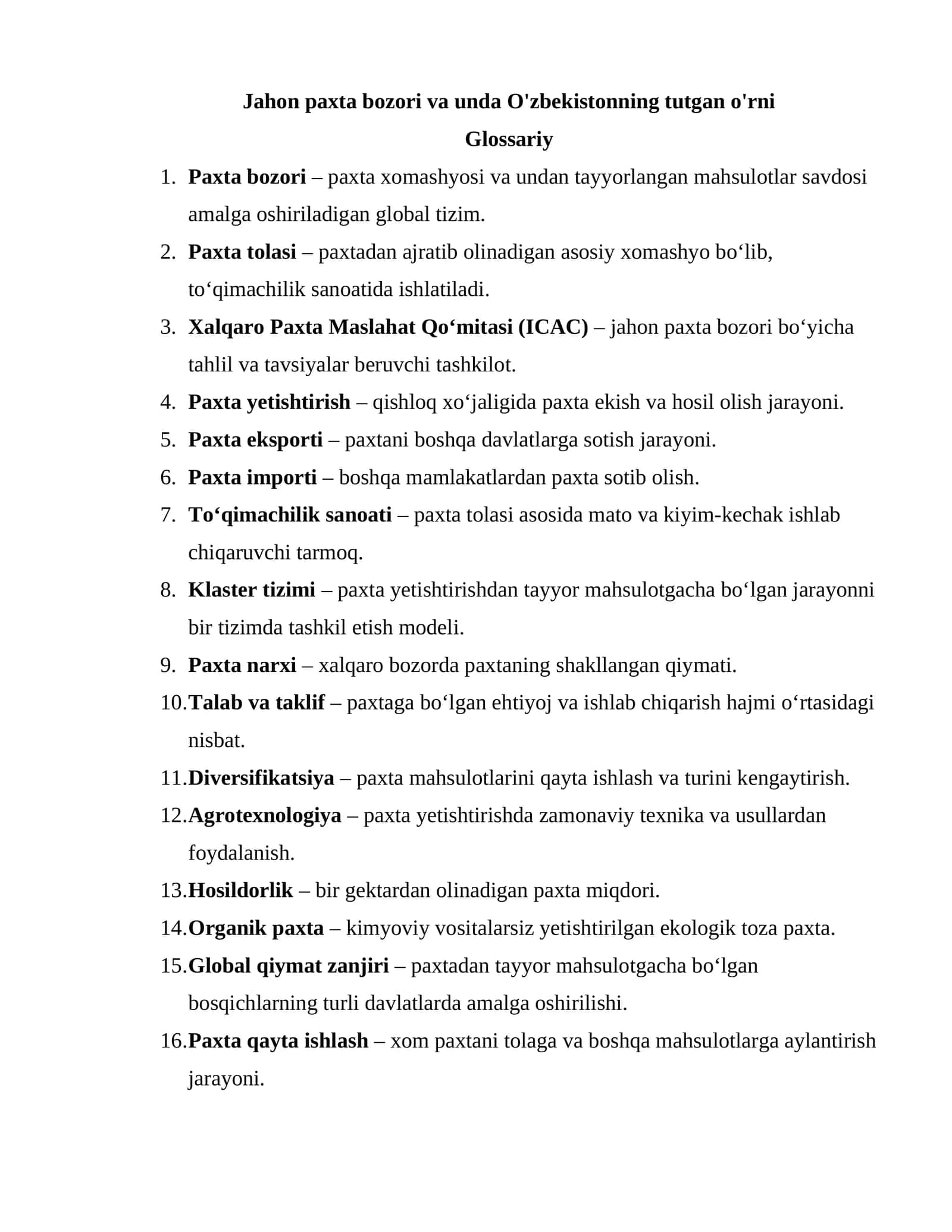 Paxta bozori va unda O'zbekistonning tutgan o'rni