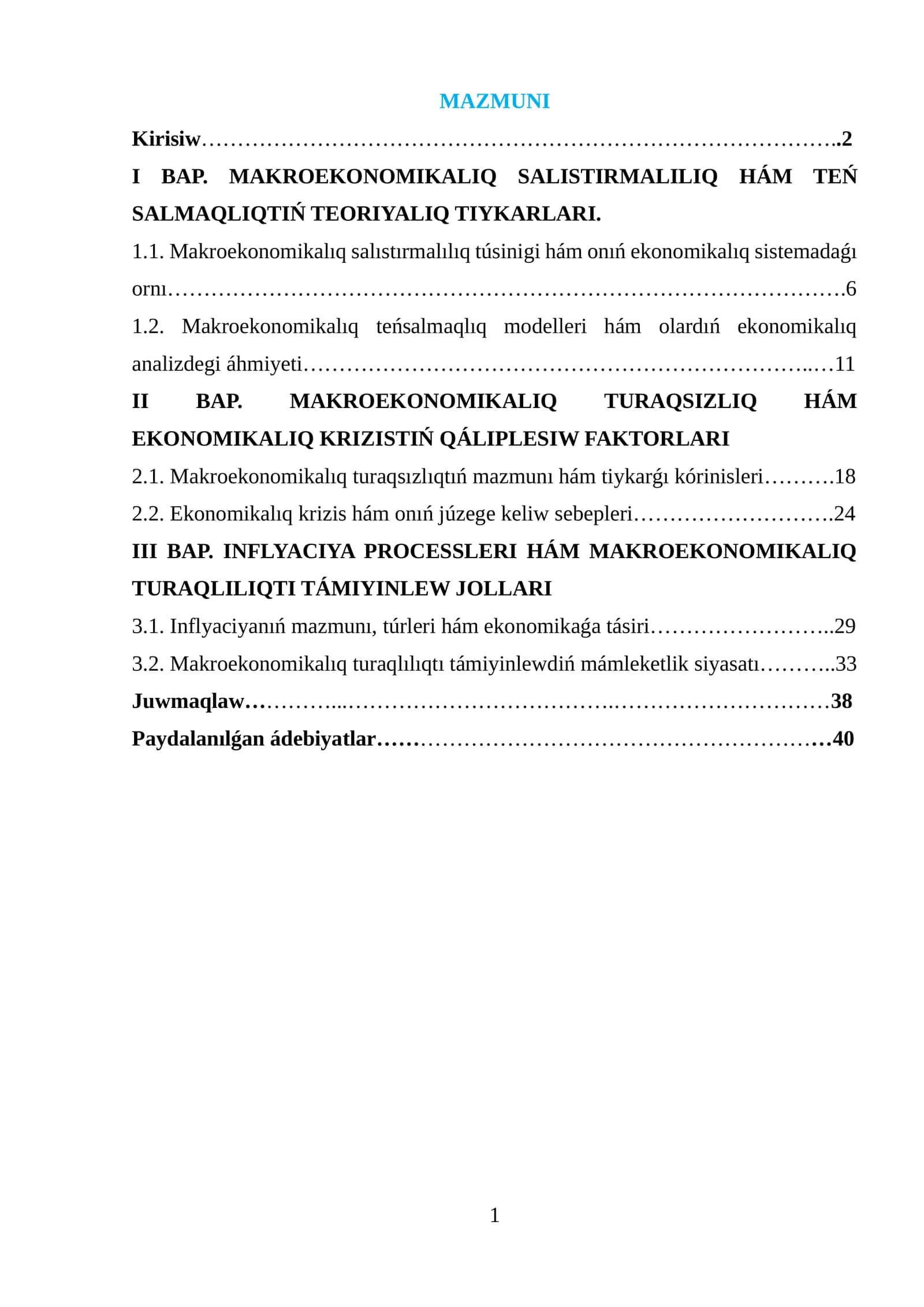 MAKROEKONOMIKALIQ SALISTIRMALILIQ HÁM TEŃ SALMAQLIQTIŃ TEORIYALIQ TIYKARLARI