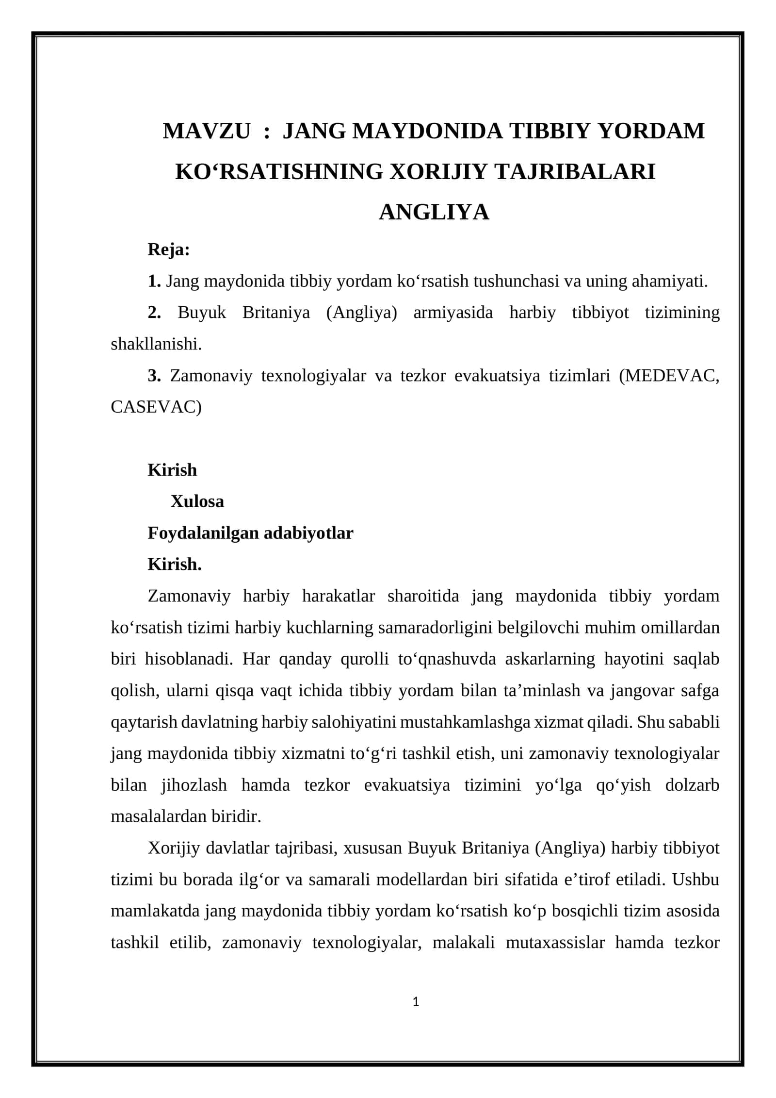 JANG MAYDONIDA TIBBIY YORDAM KOʻRSATISHNING XORIJIY TAJRIBALARI