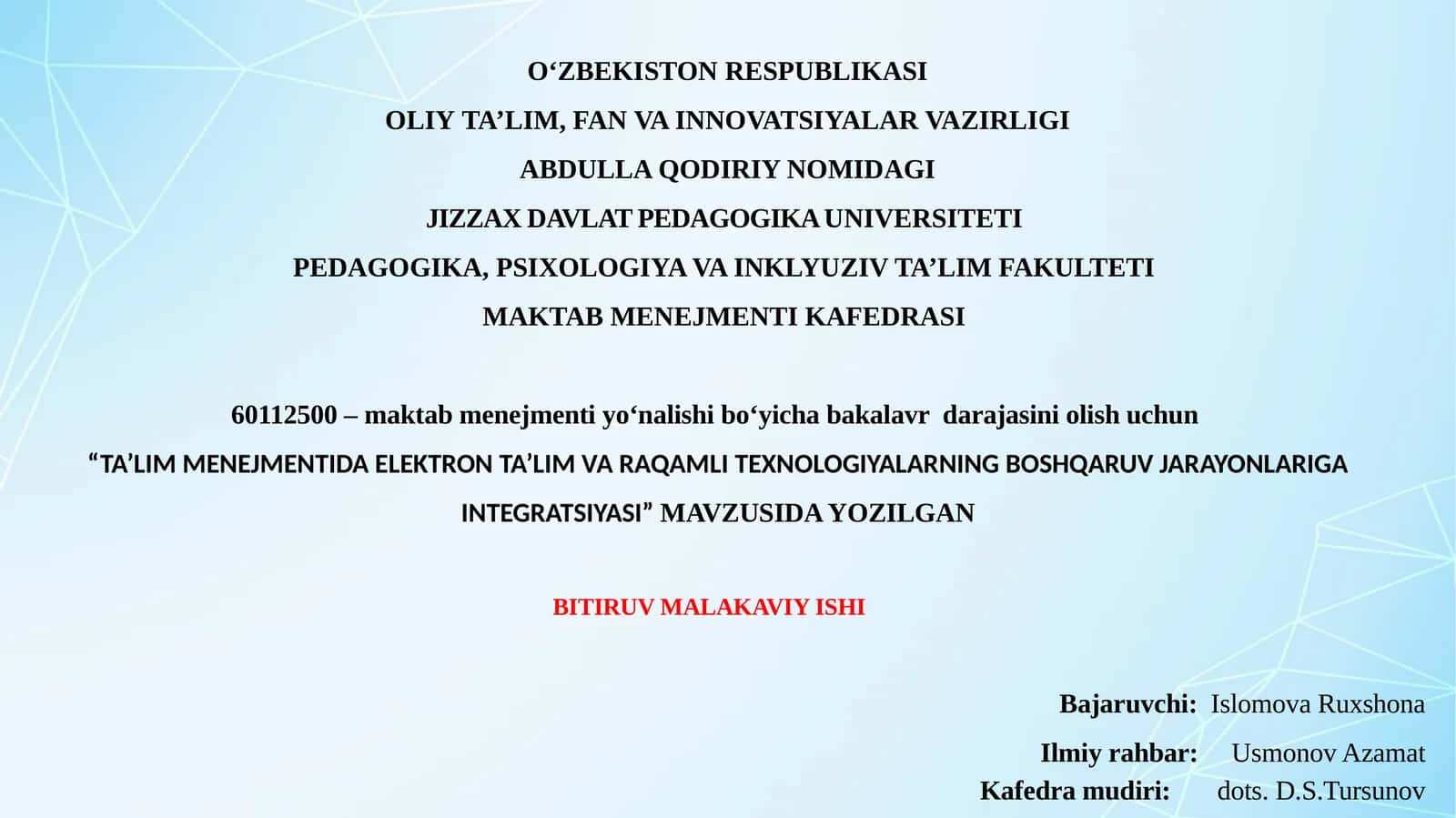 TA’LIM MENEJMENTIDA ELEKTRON TA’LIM VA RAQAMLI TEXNOLOGIYALARNING BOSHQARUV JARAYONLARIGA INTEGRATSIYASI