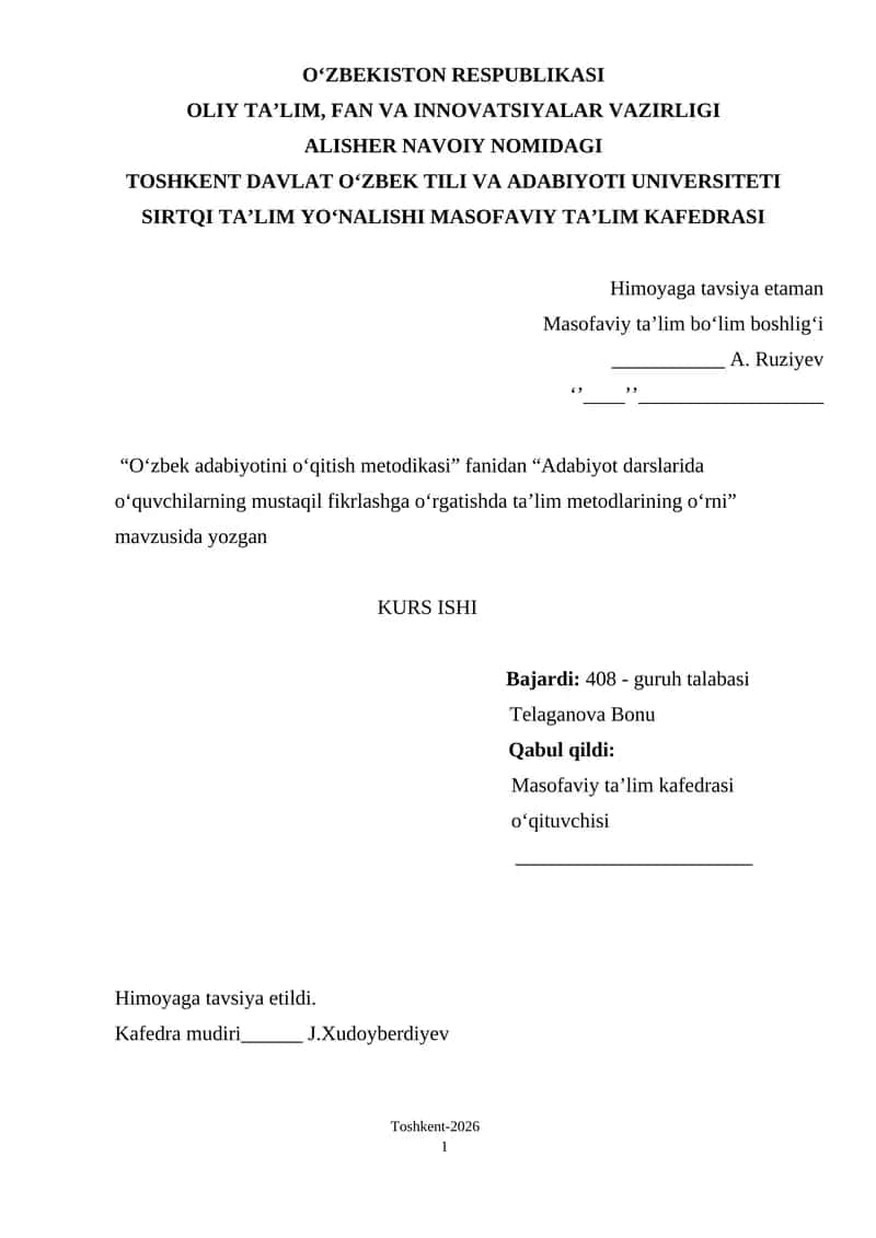 Adabiyot darslarida oʻquvchilarning mustaqil fikrlashga oʻrgatishda taʼlim metodlarining oʻrni