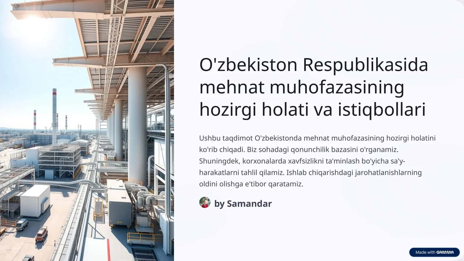 O'zbekiston Respublikasida mehnat muhofazasining hozirgi holati va istiqbollari