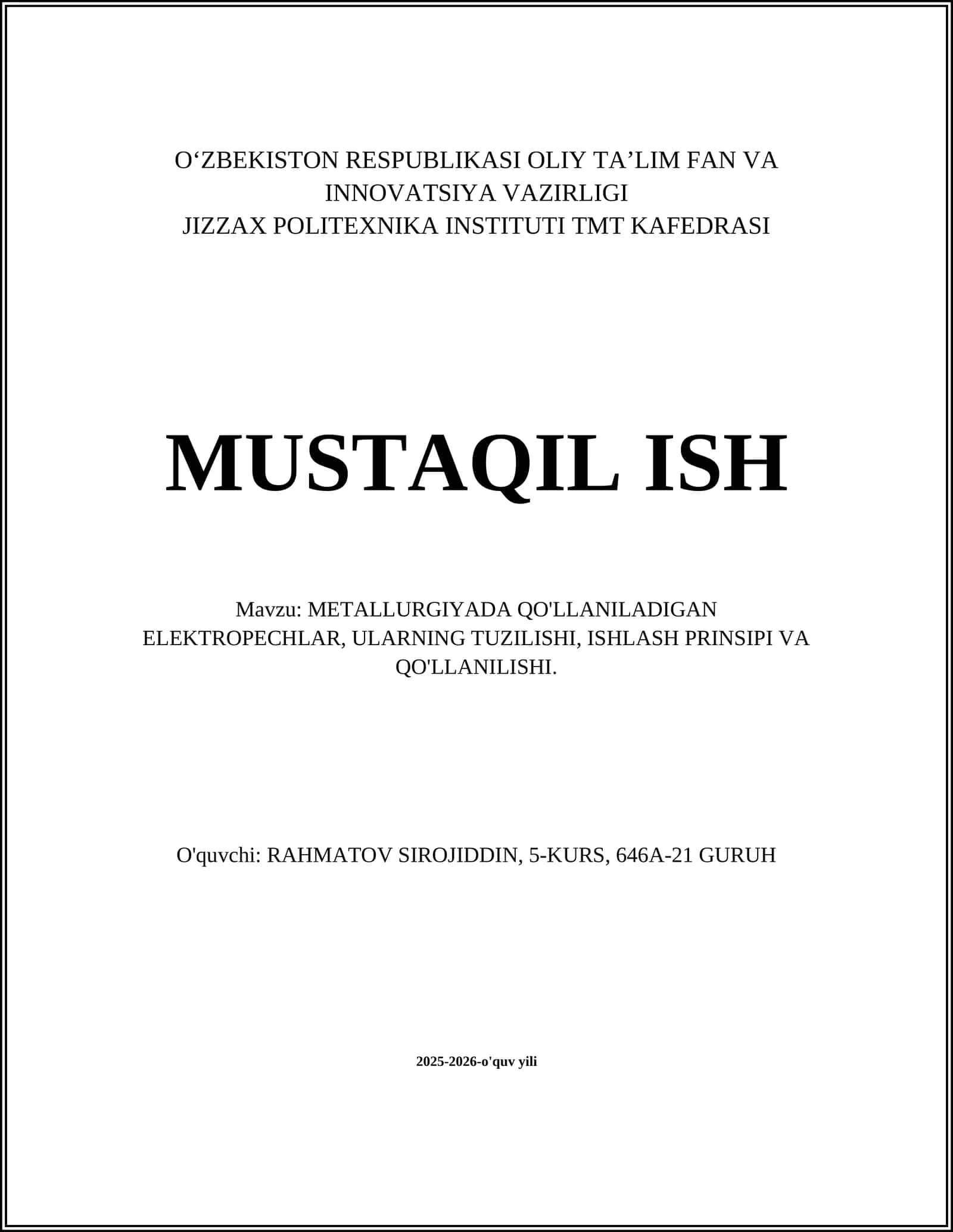 METALLURGIYADA QO'LLANILADIGAN ELEKTROPECHLAR