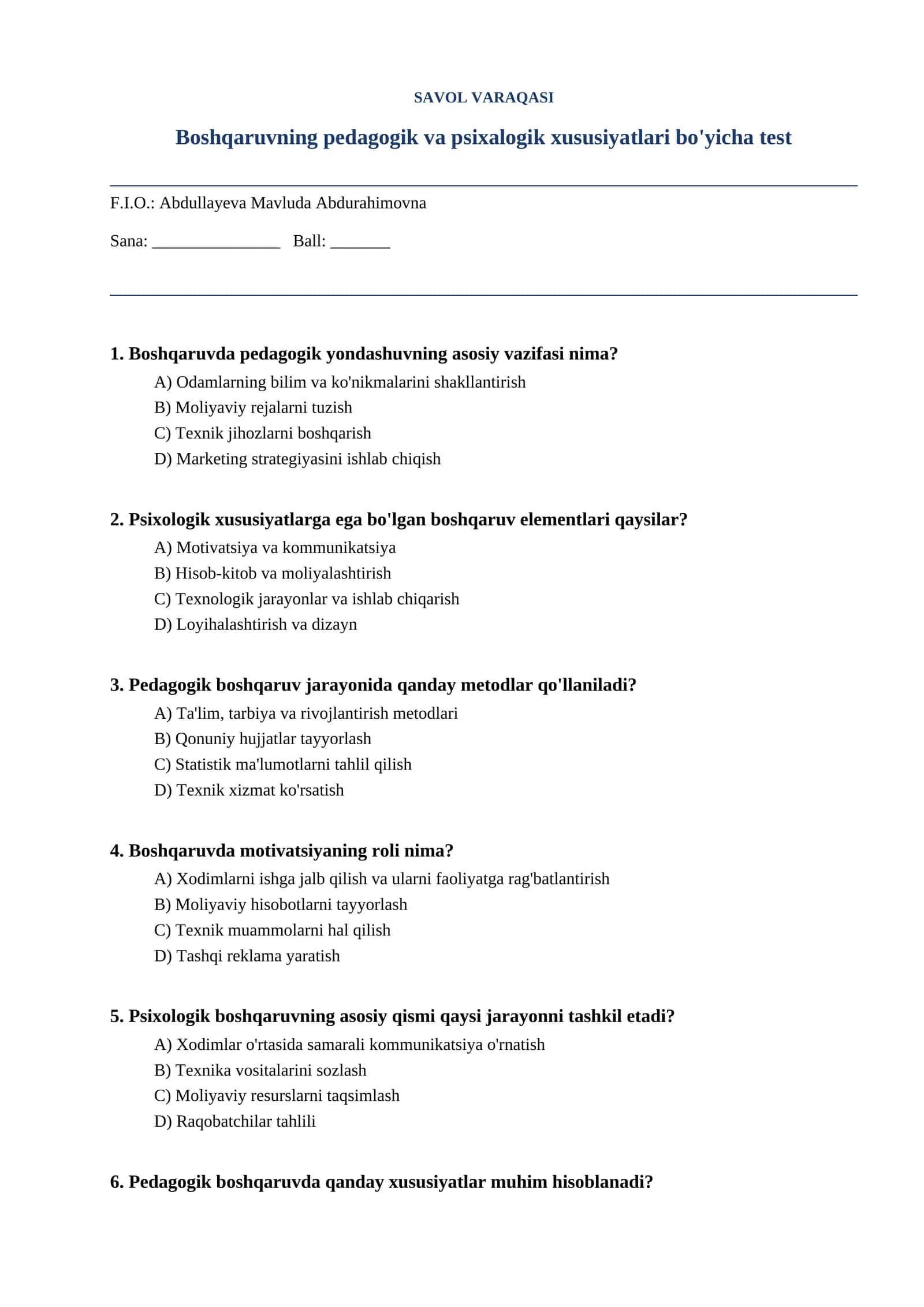 Boshqaruvning pedagogik va psixalogik xususiyatlari bo'yicha test