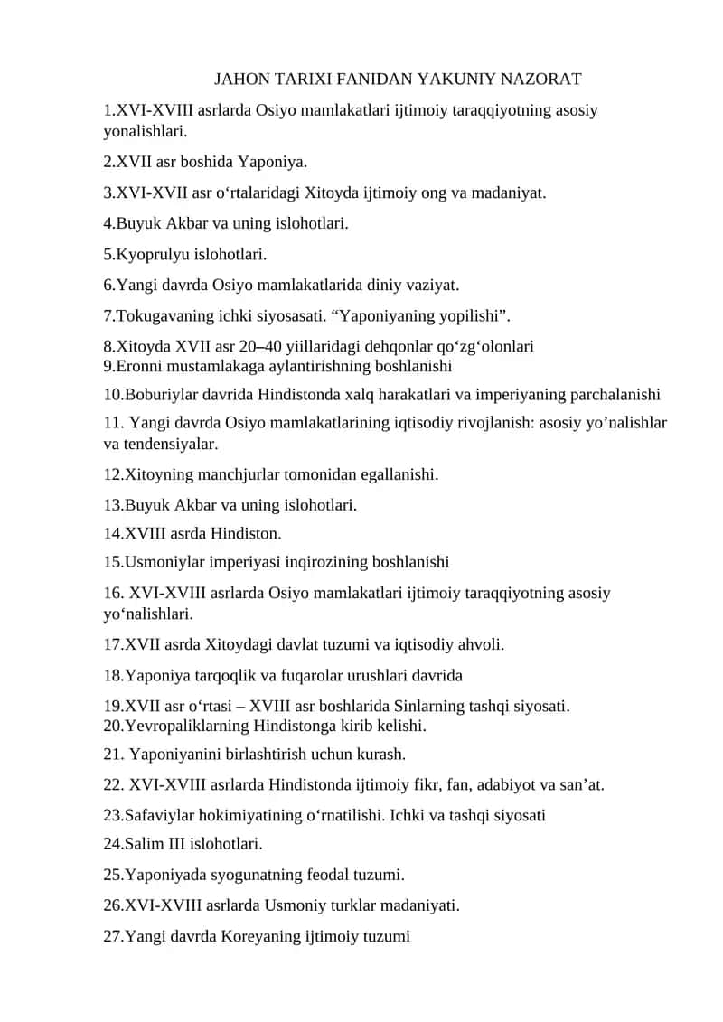 JAHON TARIXI FANIDAN YAKUNIY NAZORAT