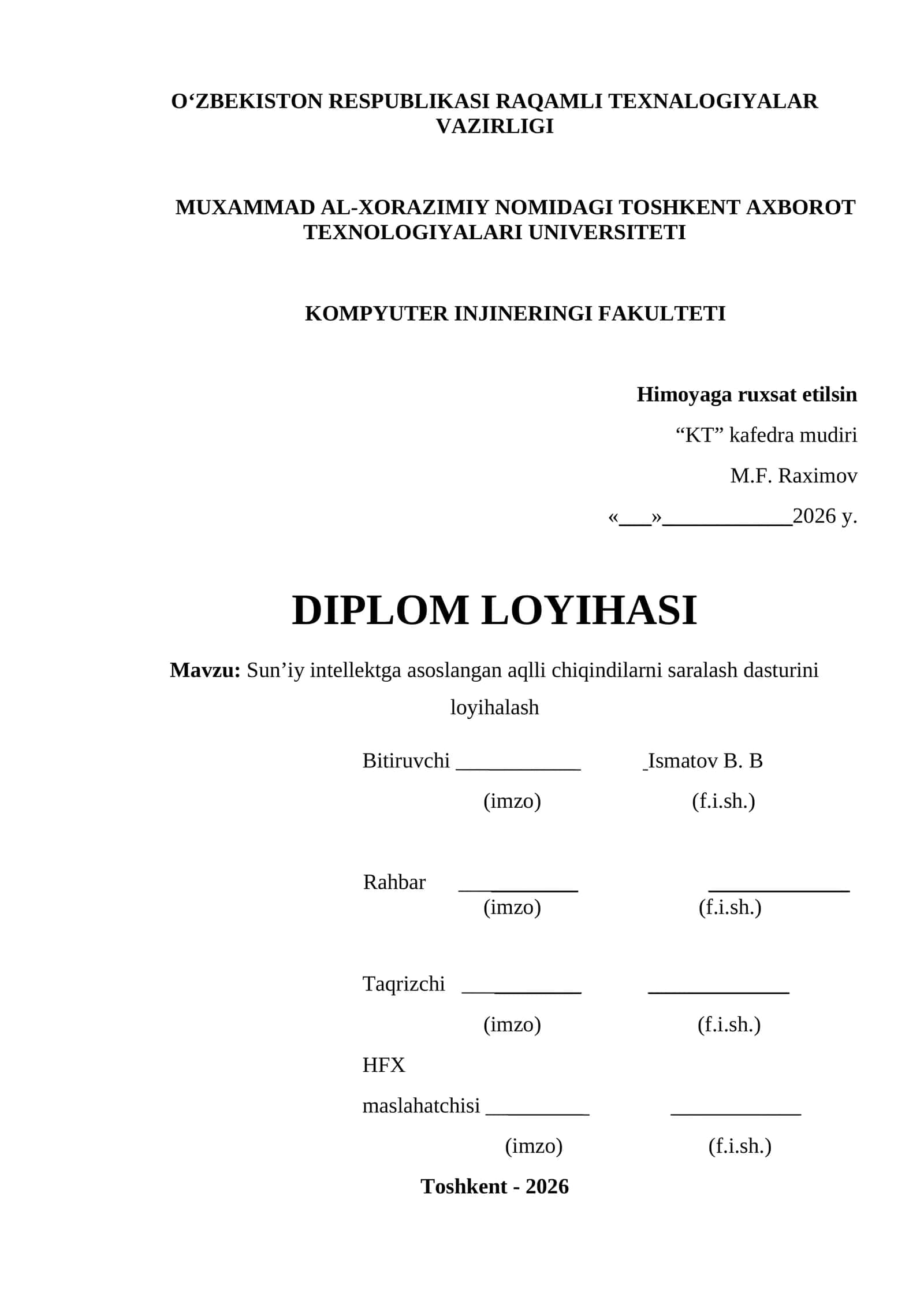 Sun’iy intellektga asoslangan aqlli chiqindilarni saralash dasturini loyihalash
