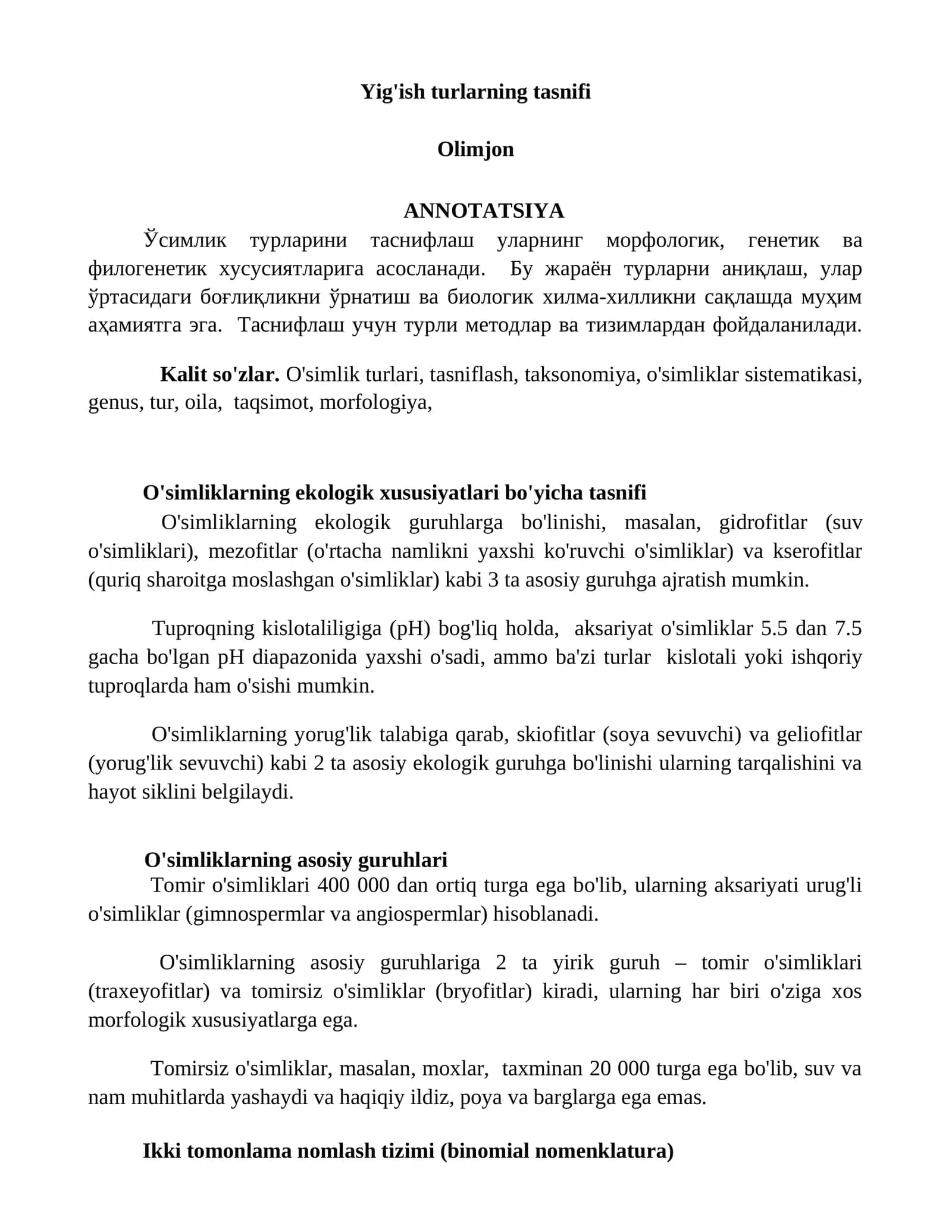 O'simliklar ekologik xususiyatlari