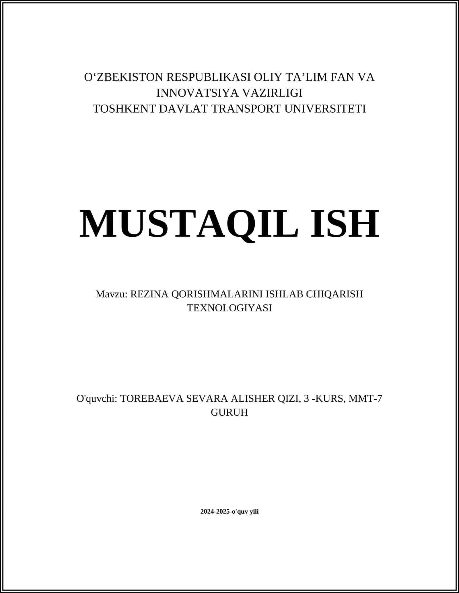REZINA QORISHMALARINI ISHLAB CHIQARISH TEXNOLOGIYASI