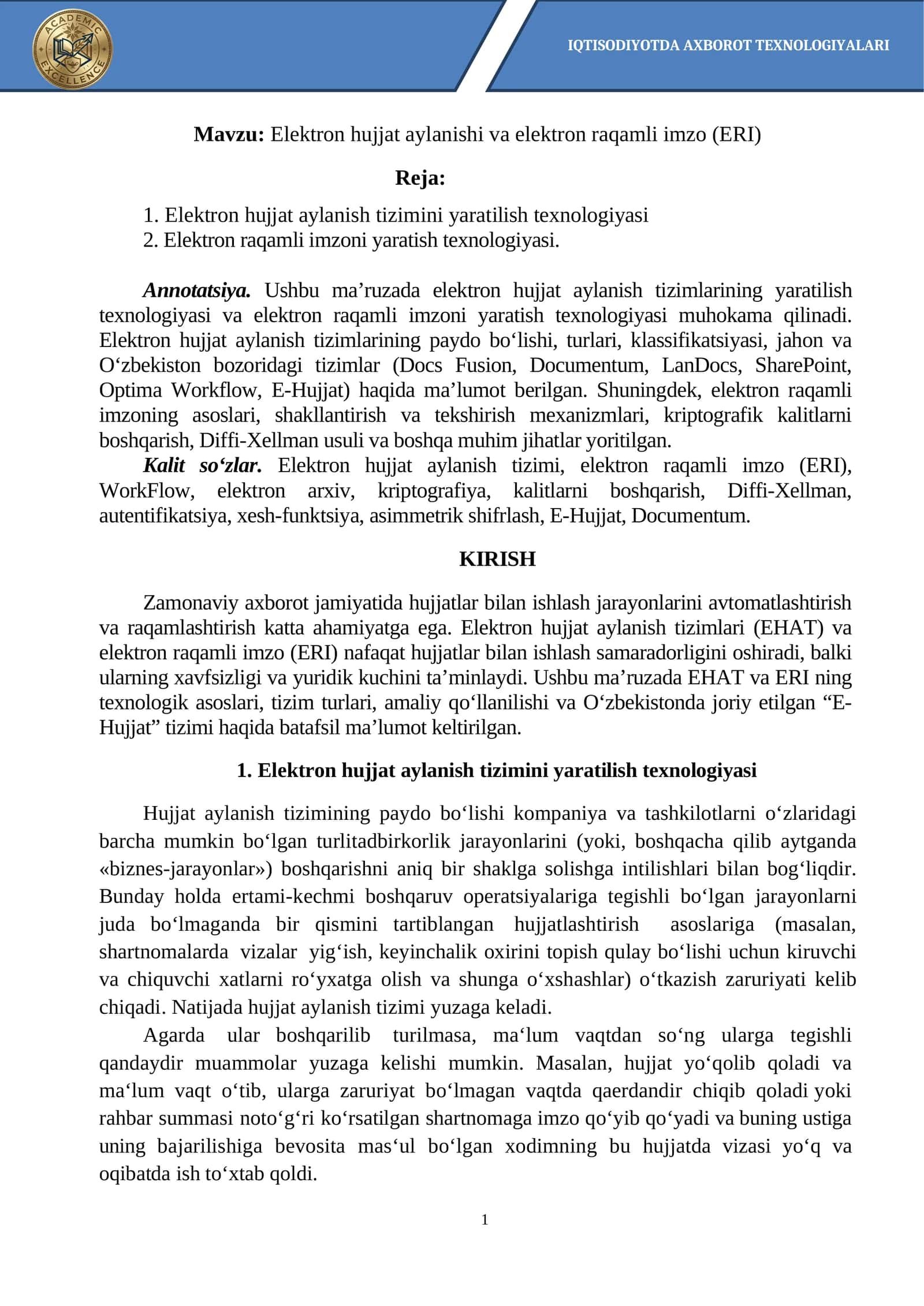 Elektron hujjat aylanishi va elektron raqamli imzo (ERI)