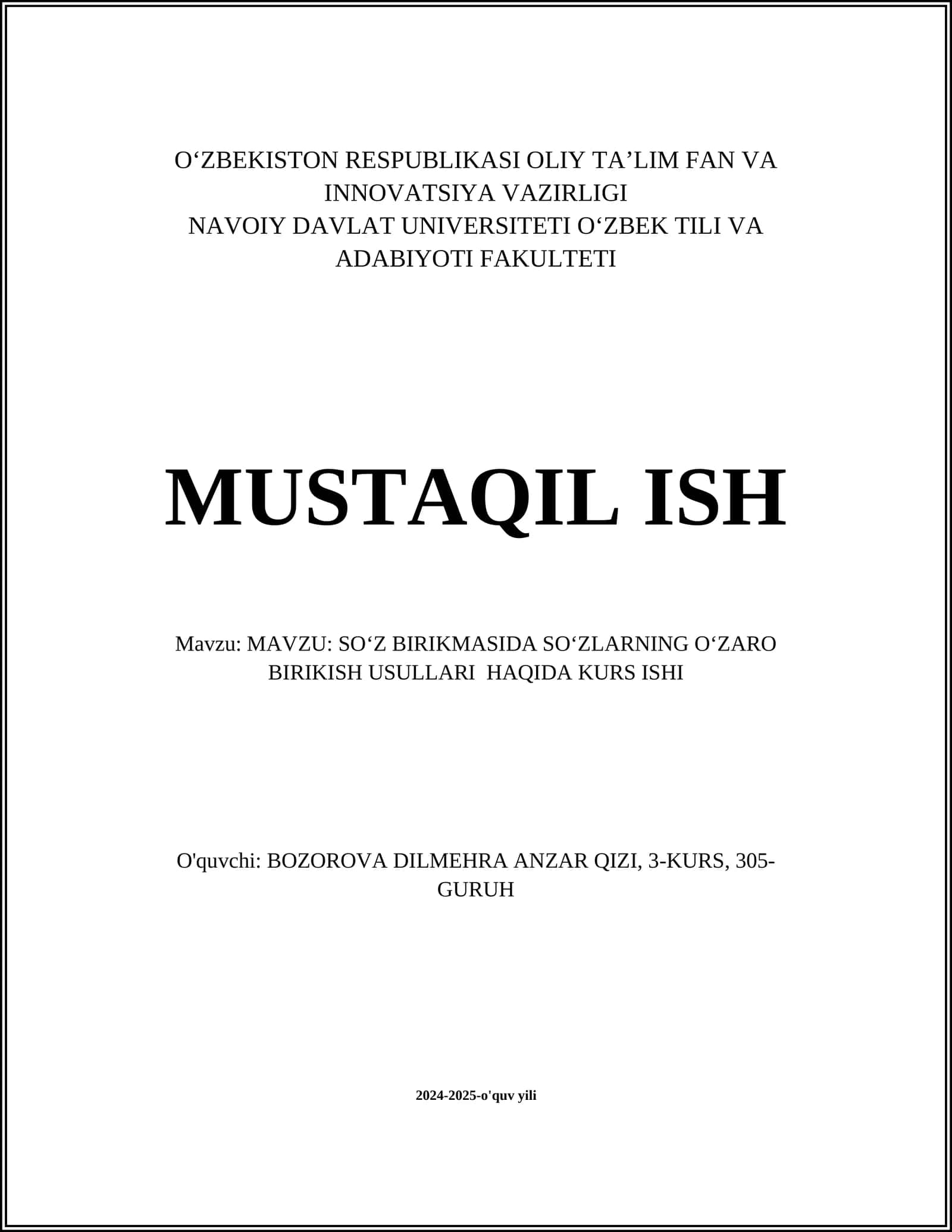 SOʻZ BIRIKMASIDA SOʻZLARNING OʻZARO BIRIKISH USULLARI HAQIDA KURS ISHI