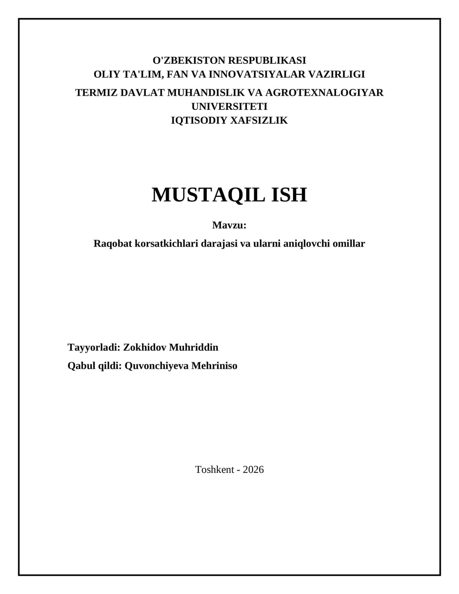Raqobat korsatkichlari darajasi va ularni aniqlovchi omillar