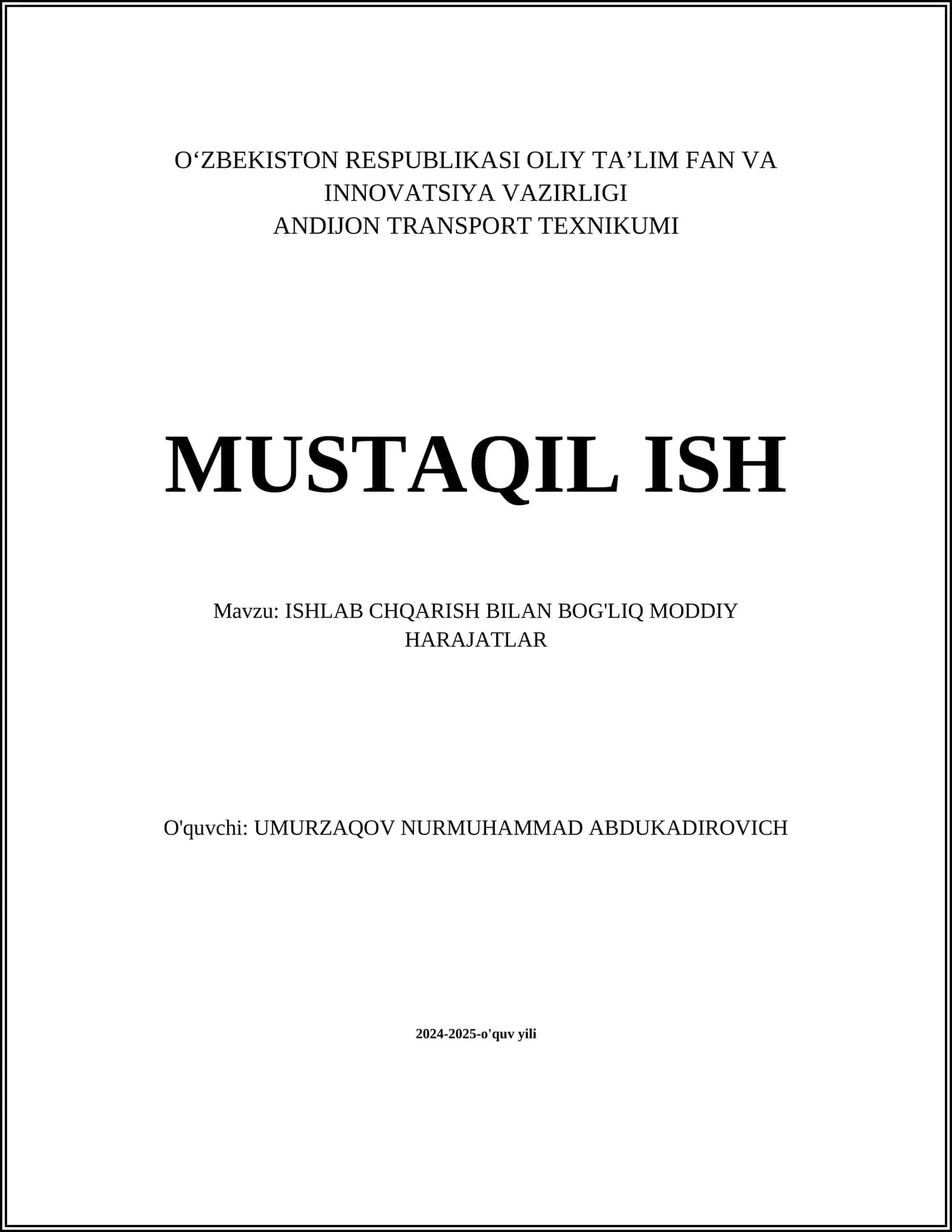 ISHLAB CHQARISH BILAN BOG'LIQ MODDIY HARAJATLAR