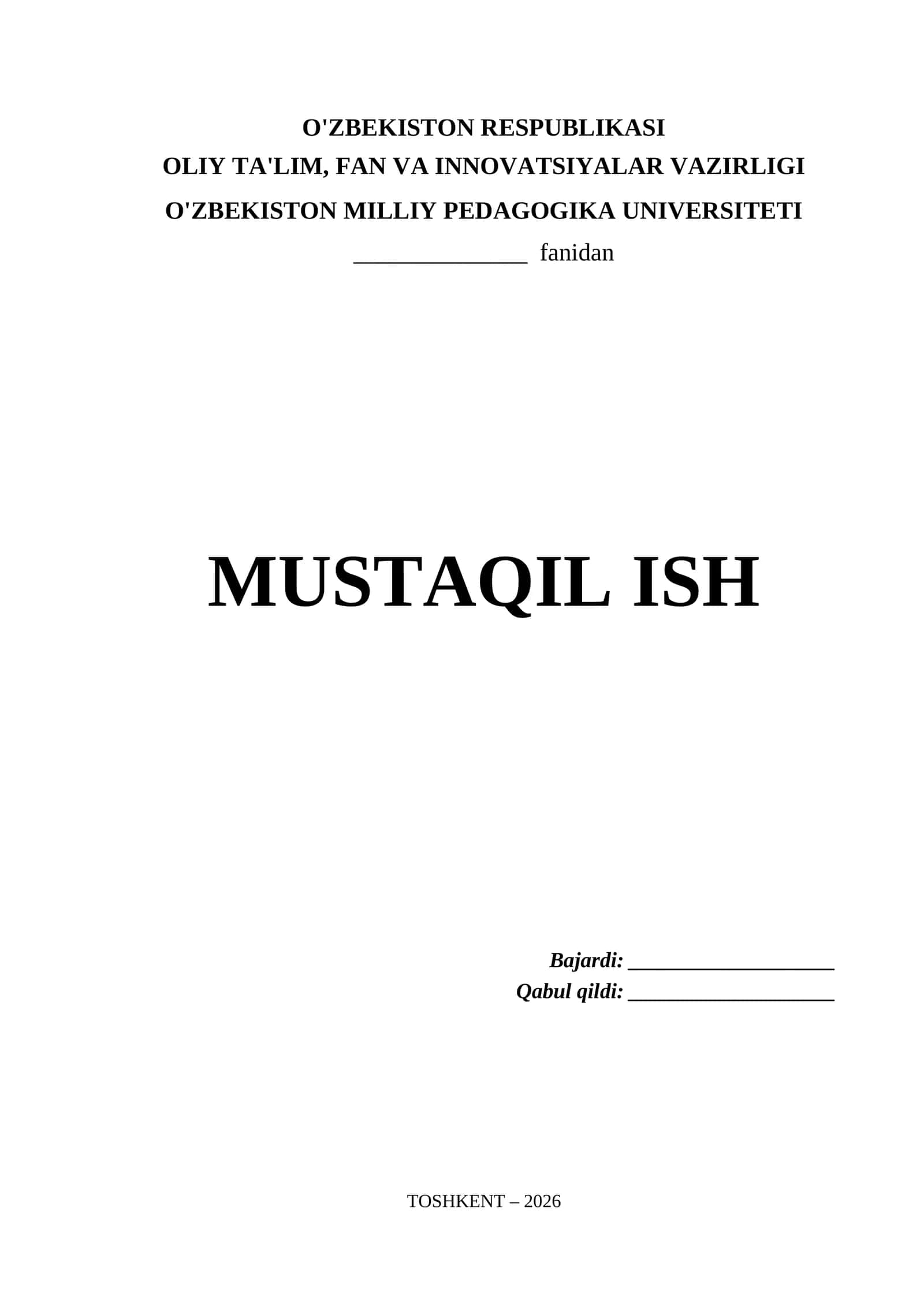 O'zbekiston Milliy Pedagogika Universiteti Mustaqil Ish Titul Varaq (.docx)
