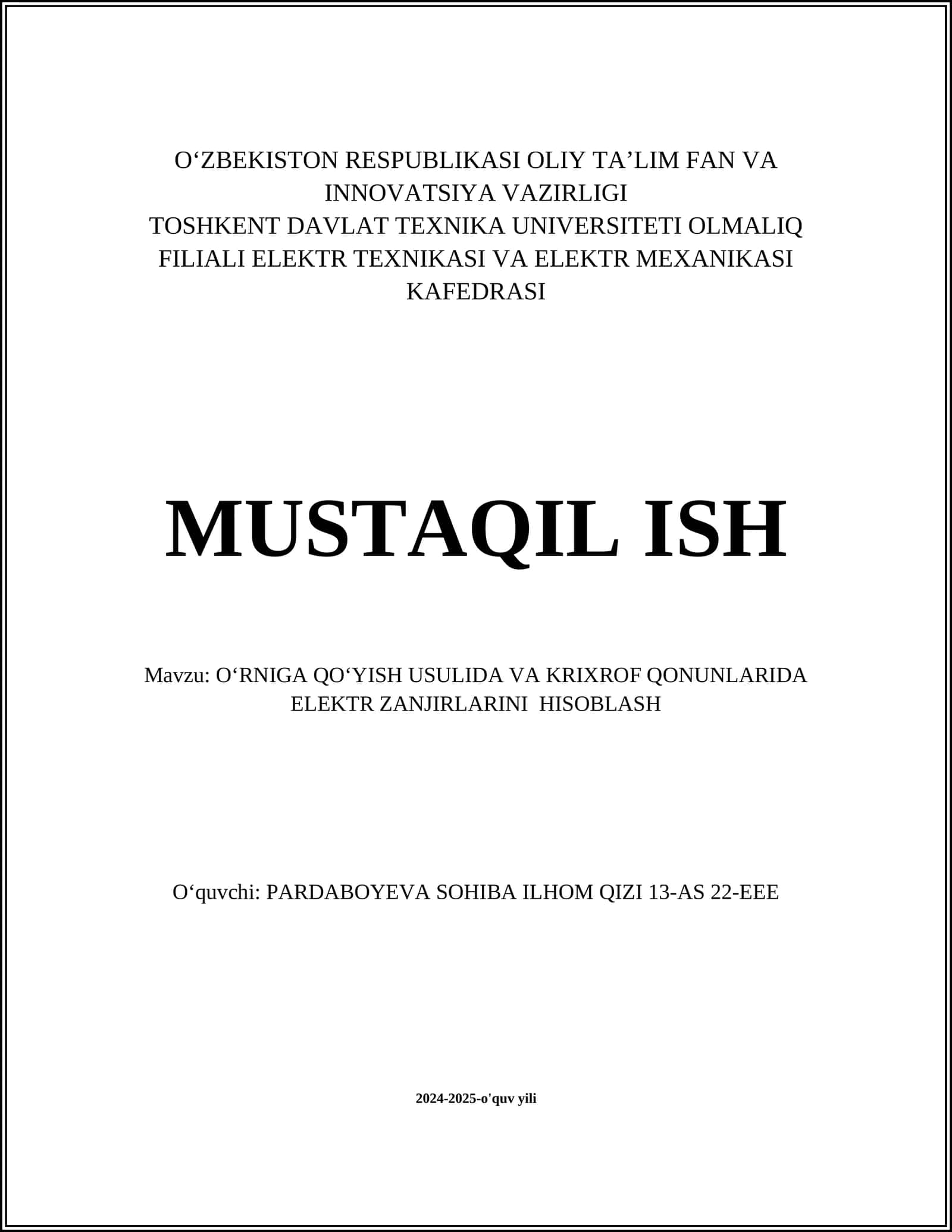 OʻRNIGA QOʻYISH USULIDA VA KRIXROF QONUNLARIDA ELEKTR ZANJIRLARINI HISOBLASH