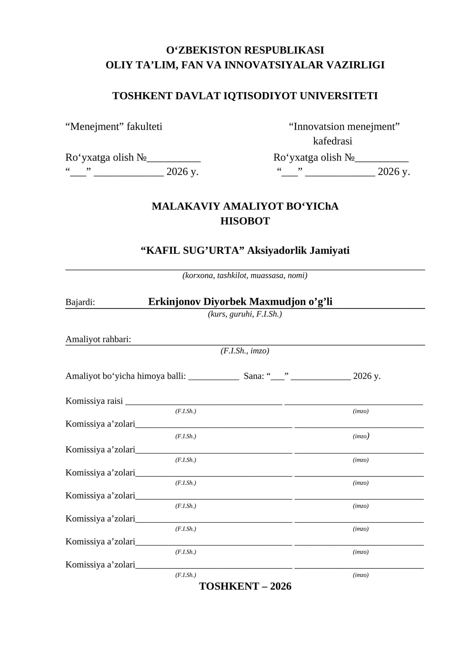 MALAKAVIY AMALIYOT BO‘YIChA HISOBOT. Kafil sugʻurta boyicha
