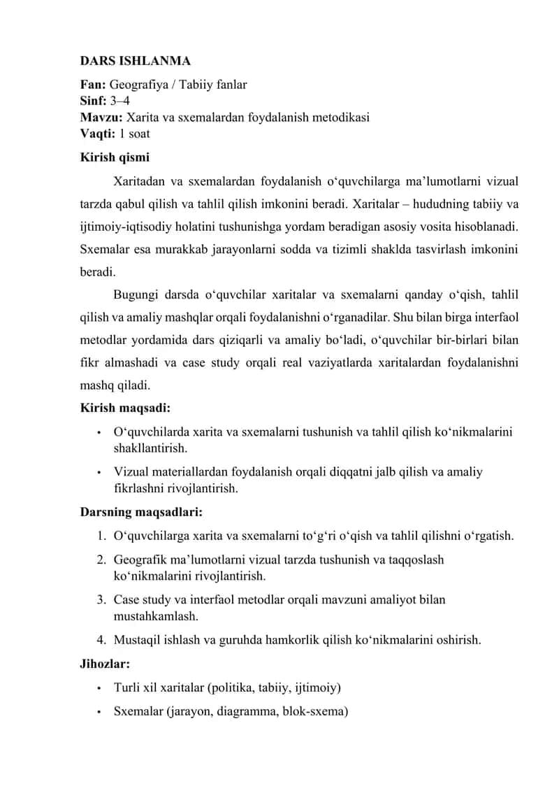 Xarita va sxemalardan foydalanish metodikasi