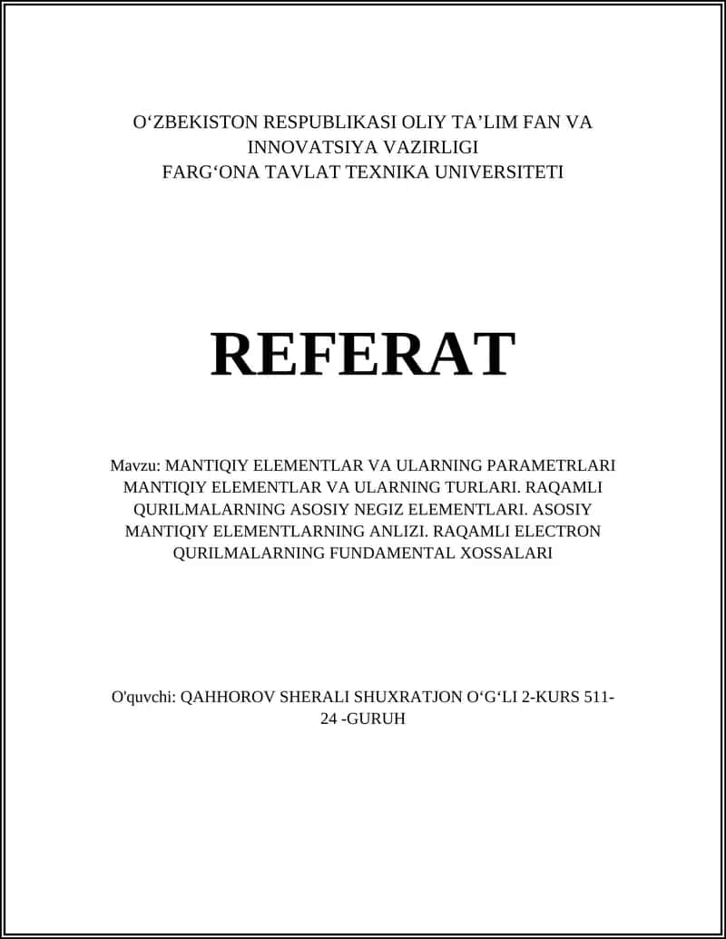 MANTIQIY ELEMENTLAR VA ULARNING PARAMETRLARI