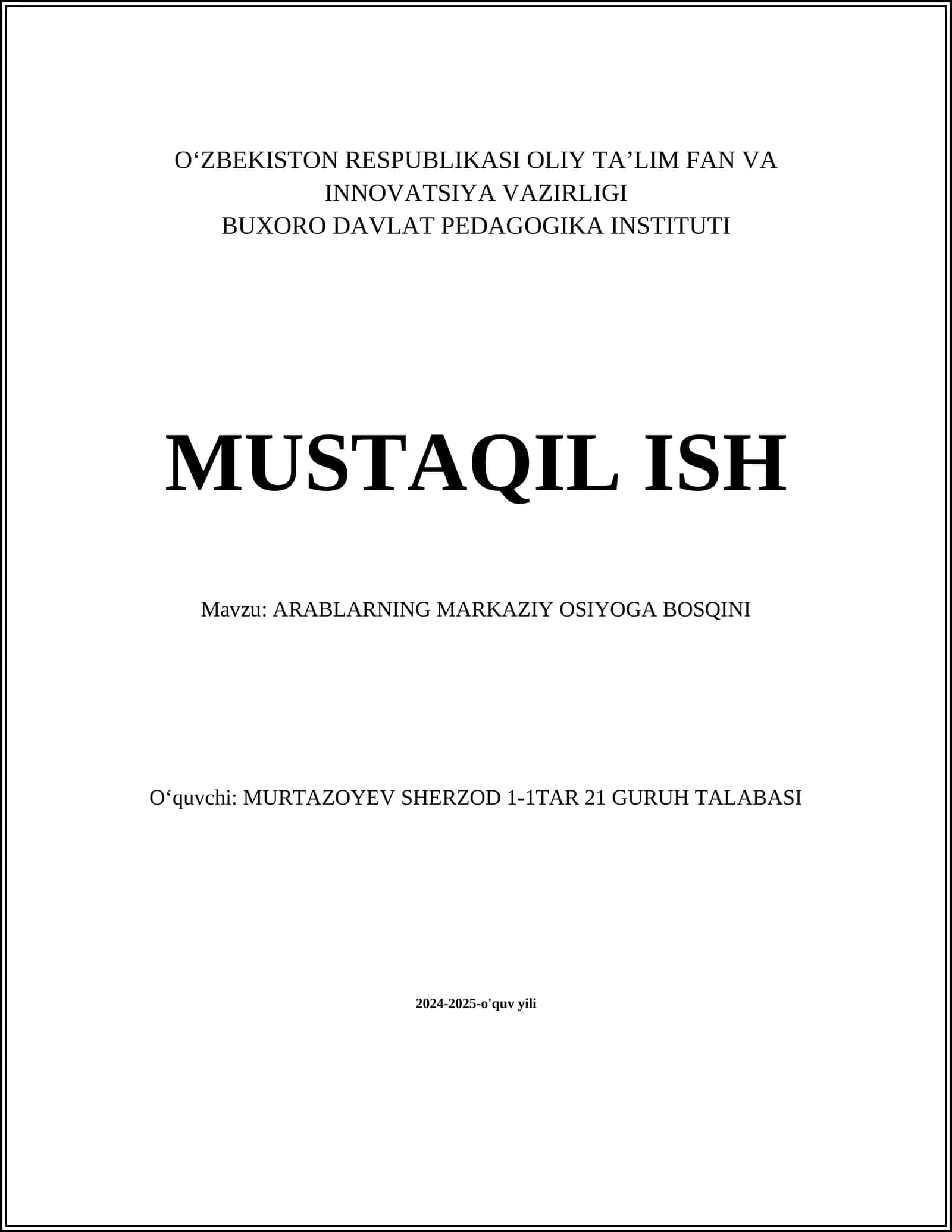 ARABLARNING MARKAZIY OSIYOGA BOSQINI