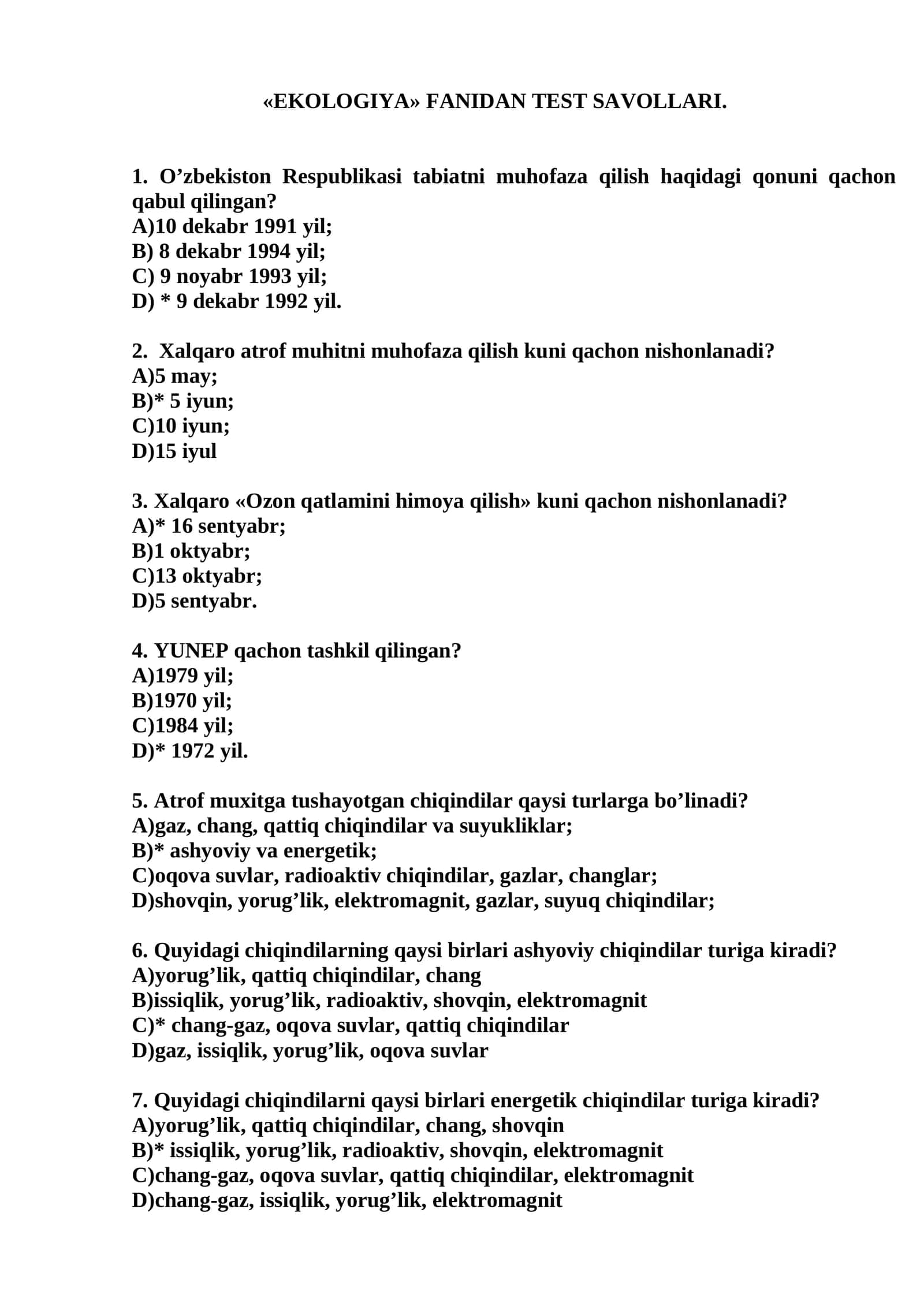 EKOLOGIYA FANIDAN TEST SAVOLLARI
