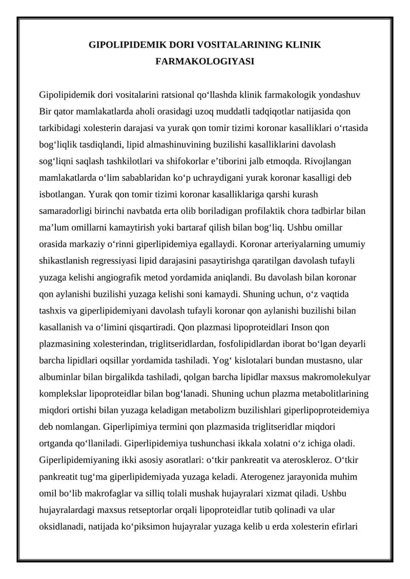GIPOLIPIDEMIK DORI VOSITALARINING KLINIK FARMAKOLOGIYASI