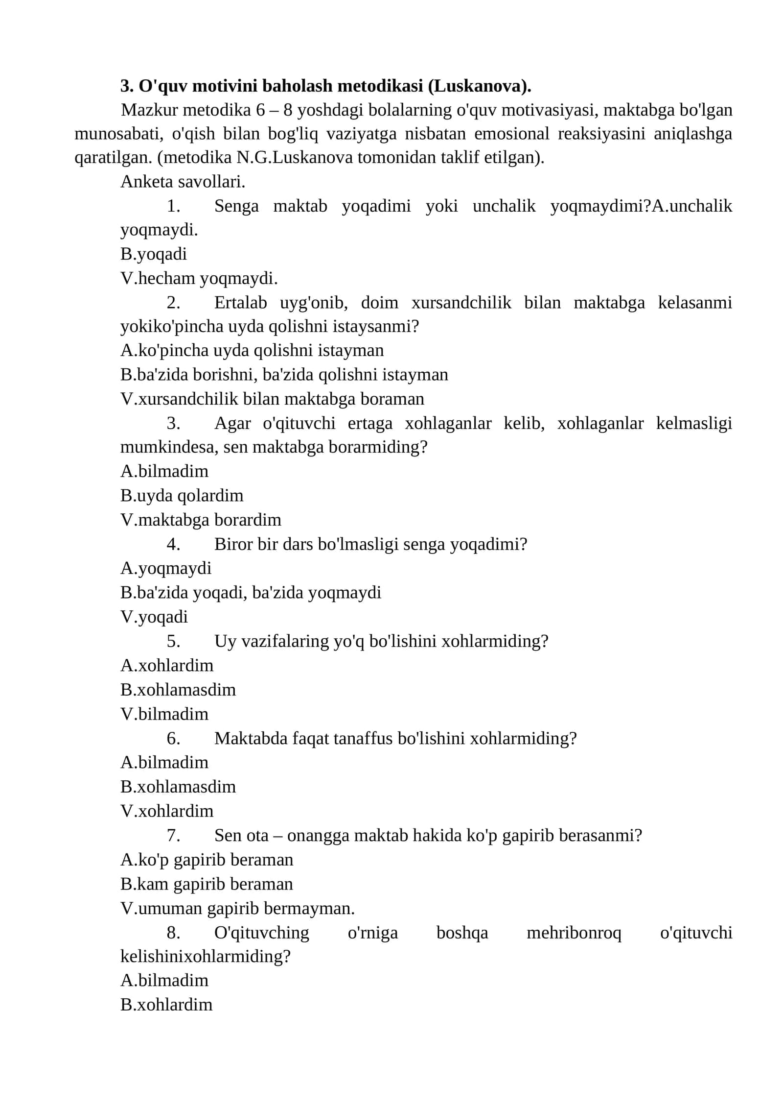 O'quv motivini baholash metodikasi (Luskanova)