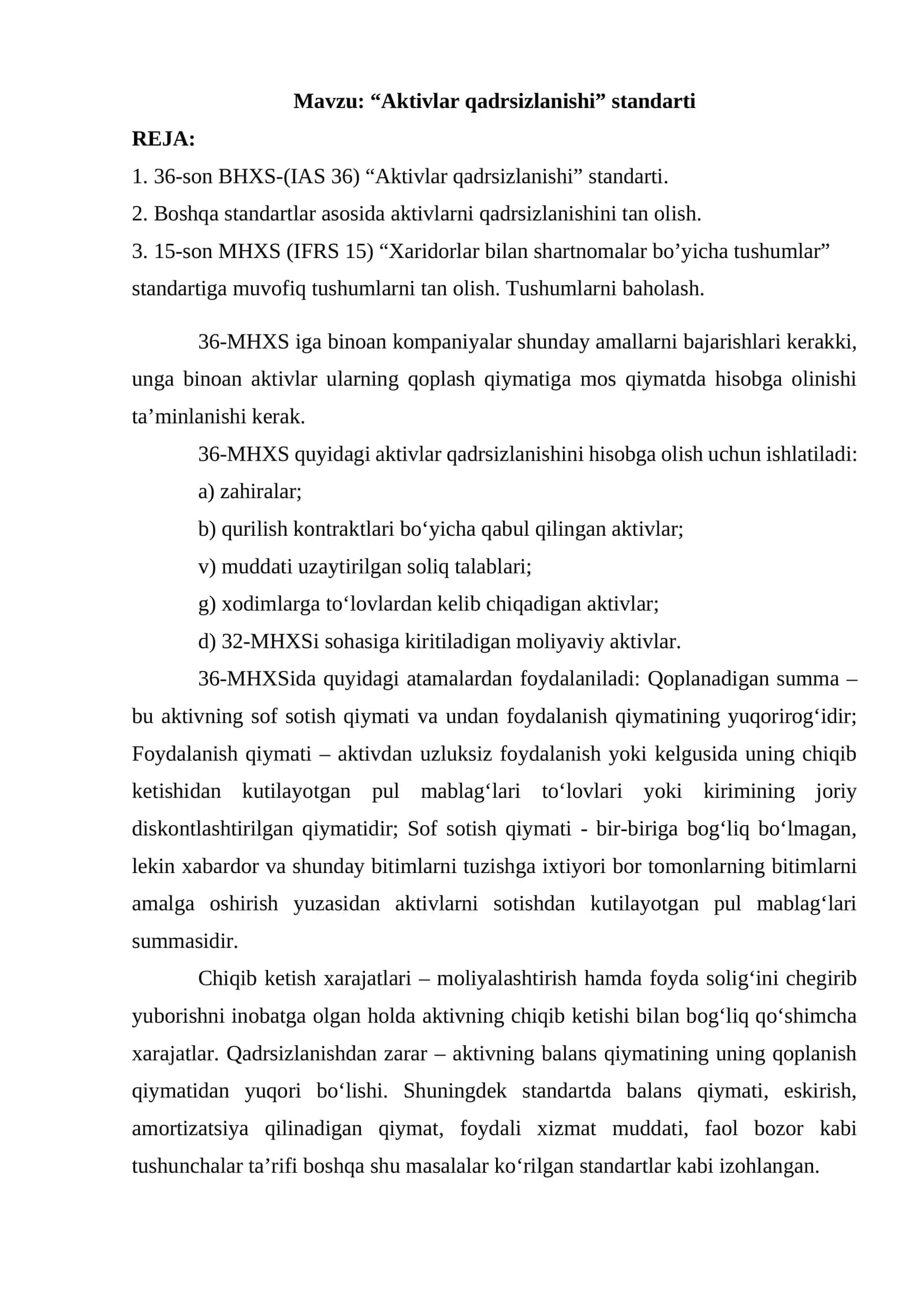 “Aktivlar qadrsizlanishi” standarti