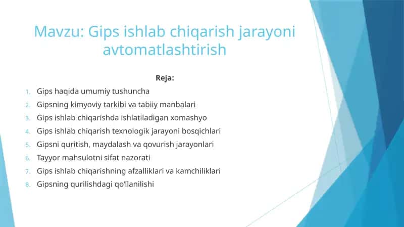 Gips ishlab chiqarish jarayoni avtomatlashtirish