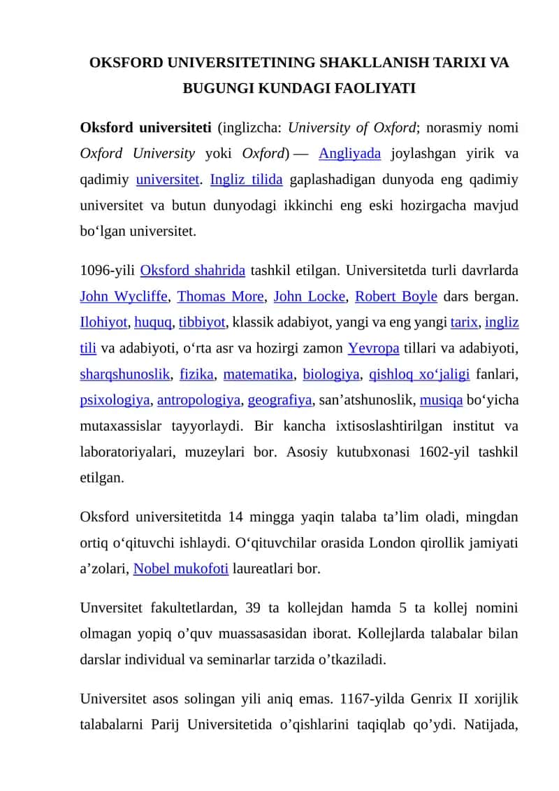 Oksford universitetining shakllanish tarixi va bugungi kundagi faoliyati