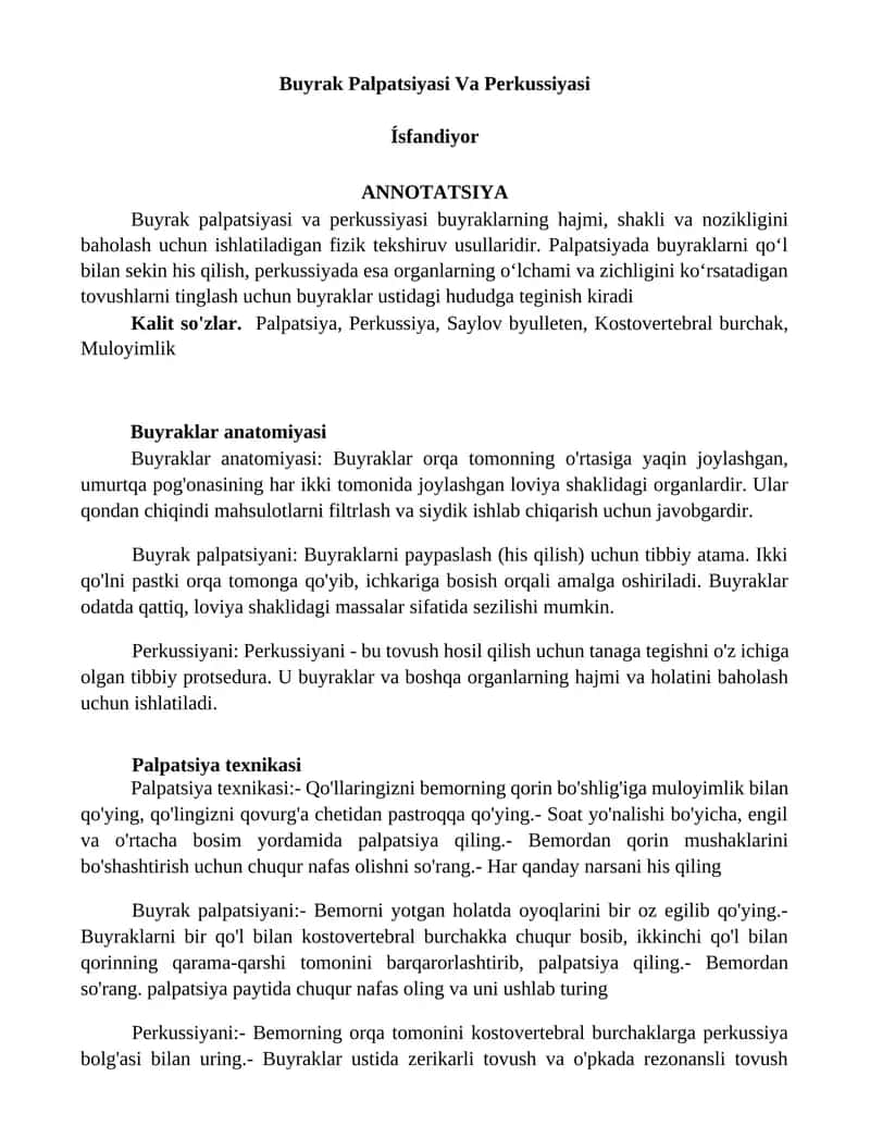 Buyrak Palpatsiyasi Va Perkussiyasi