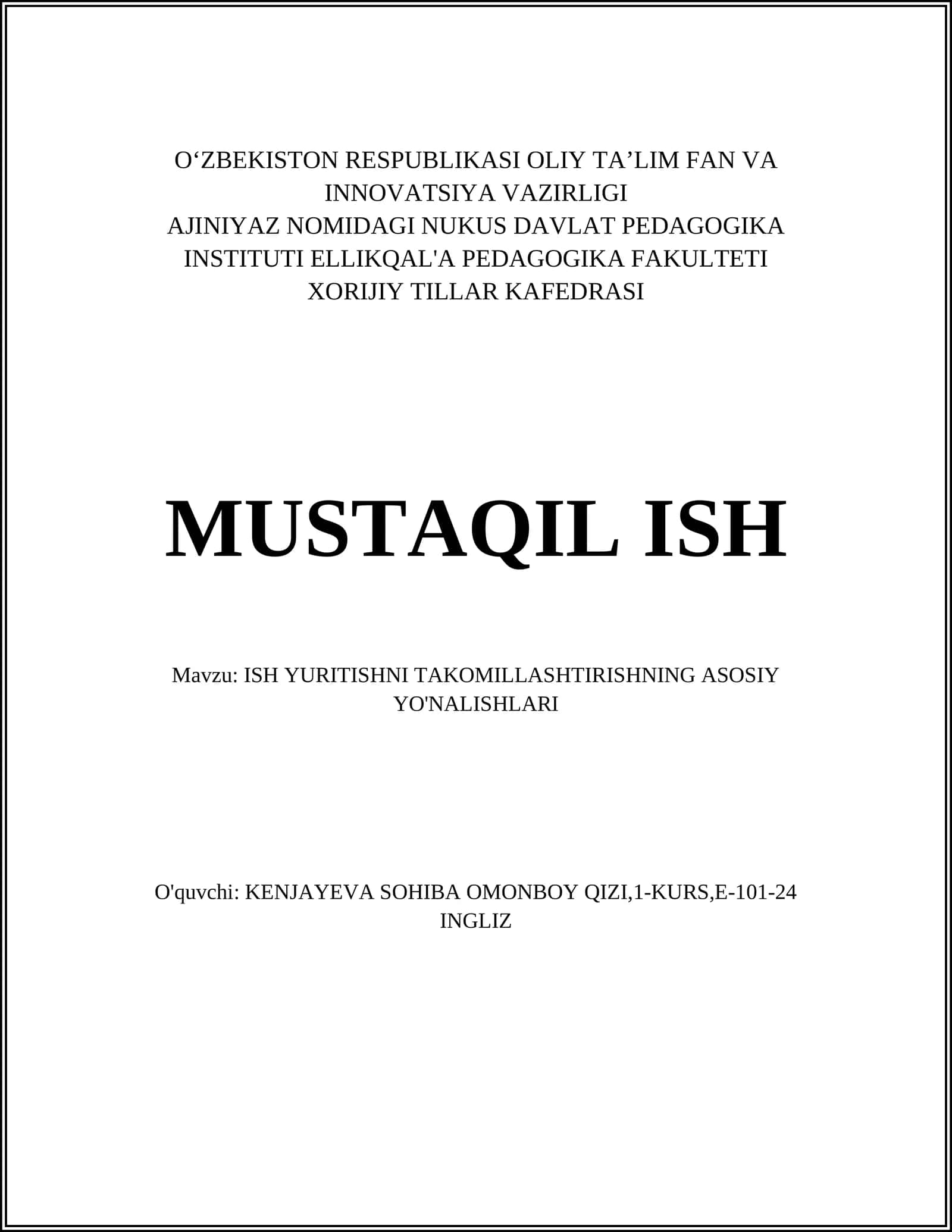 ISH YURITISHNI TAKOMILLASHTIRISHNING ASOSIY YO'NALISHLARI