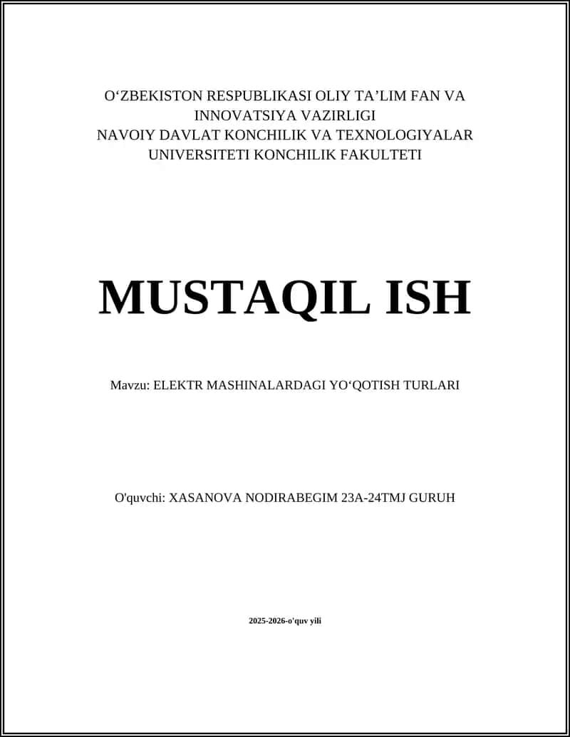 ELEKTR MASHINALARDAGI YO'QOTISH TURLARI
