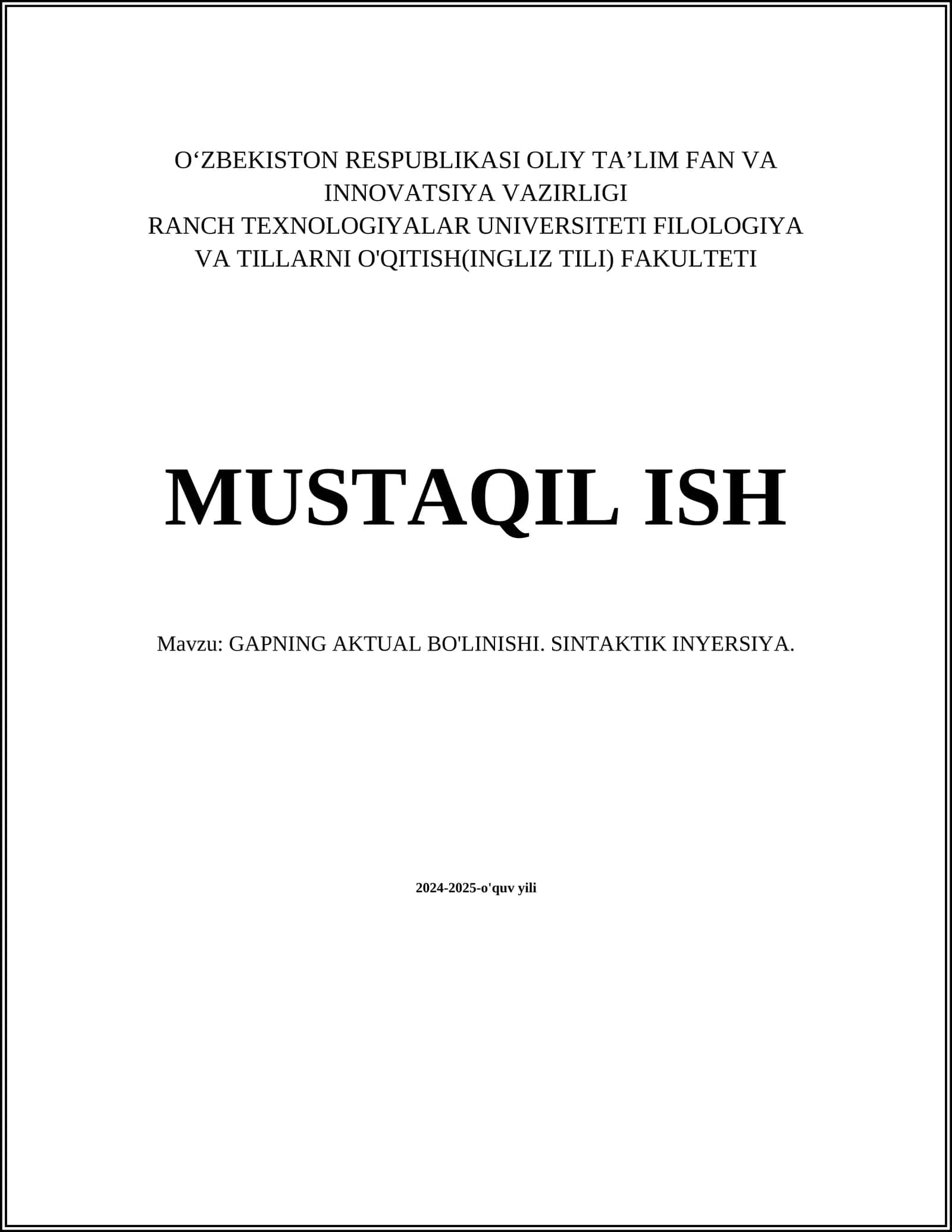 GAPNING AKTUAL BO'LINISHI. SINTAKTIK INYERSIYA