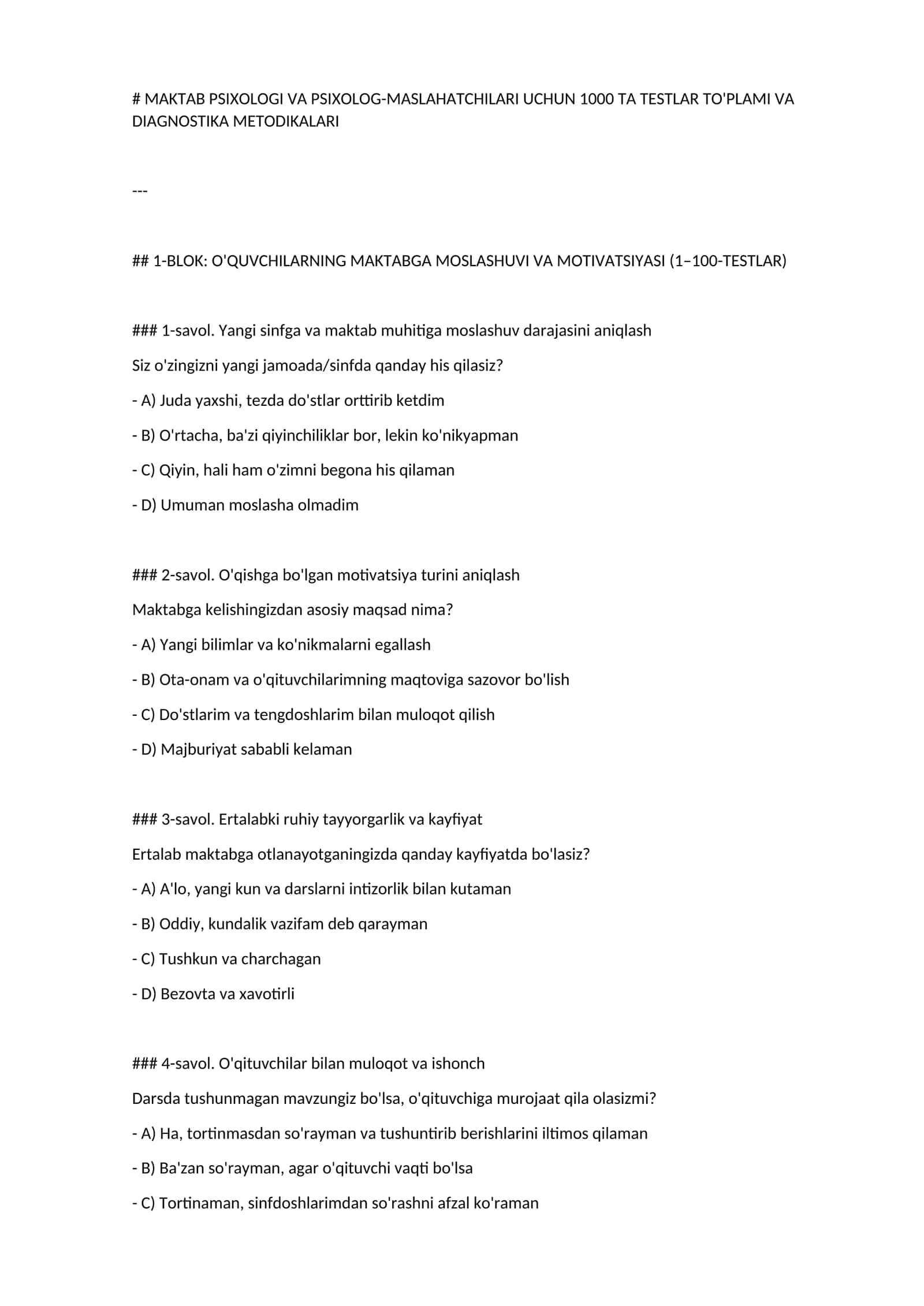Maktab psixologi va psixolog-maslahatchilari uchun 1000 ta testlar to'plami