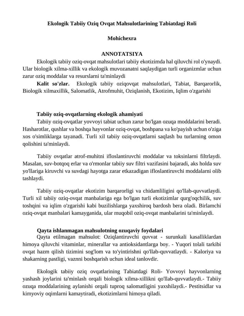 Ekologik Tabiiy Oziq Ovqat Mahsulotlarining Tabiatdagi Roli