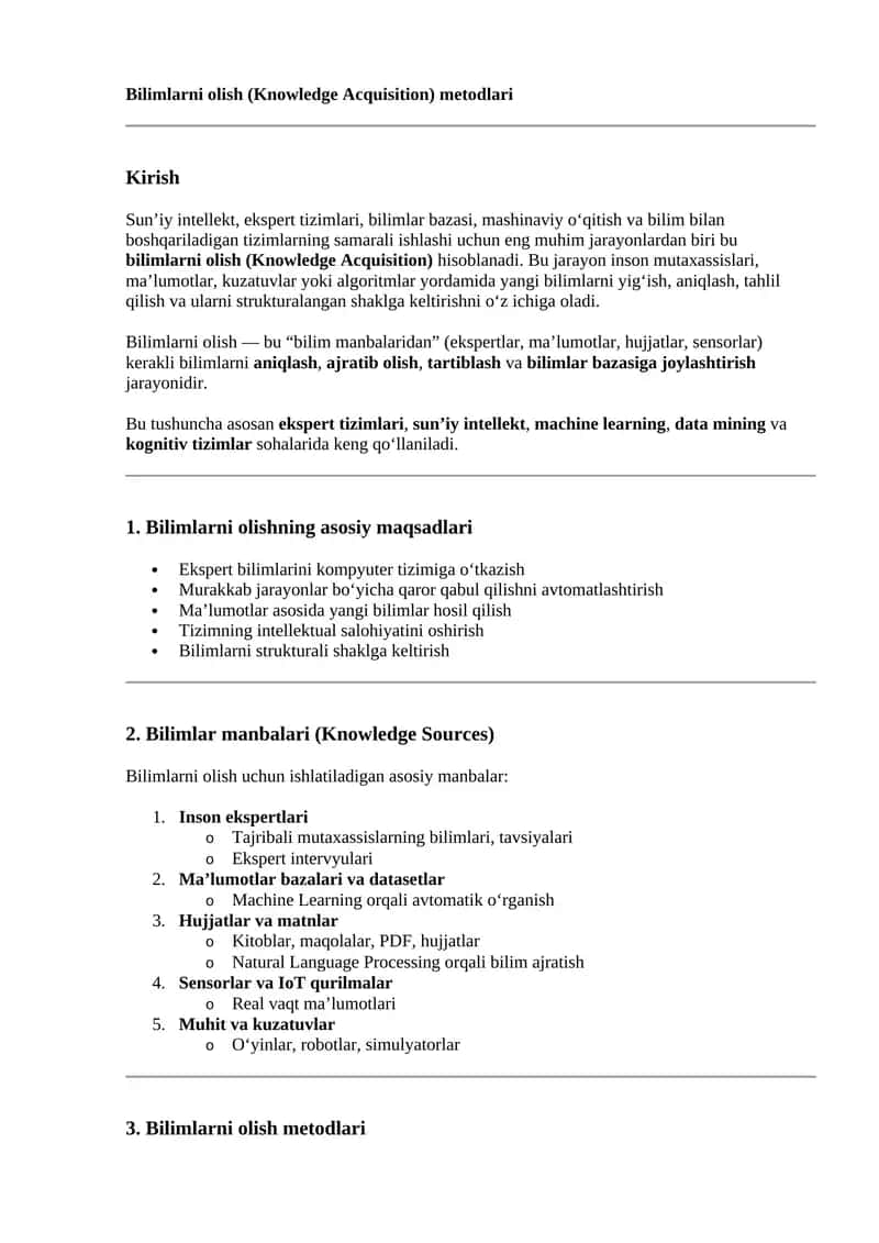 Bilimlarni olish (Knowledge Acquisition) metodlari